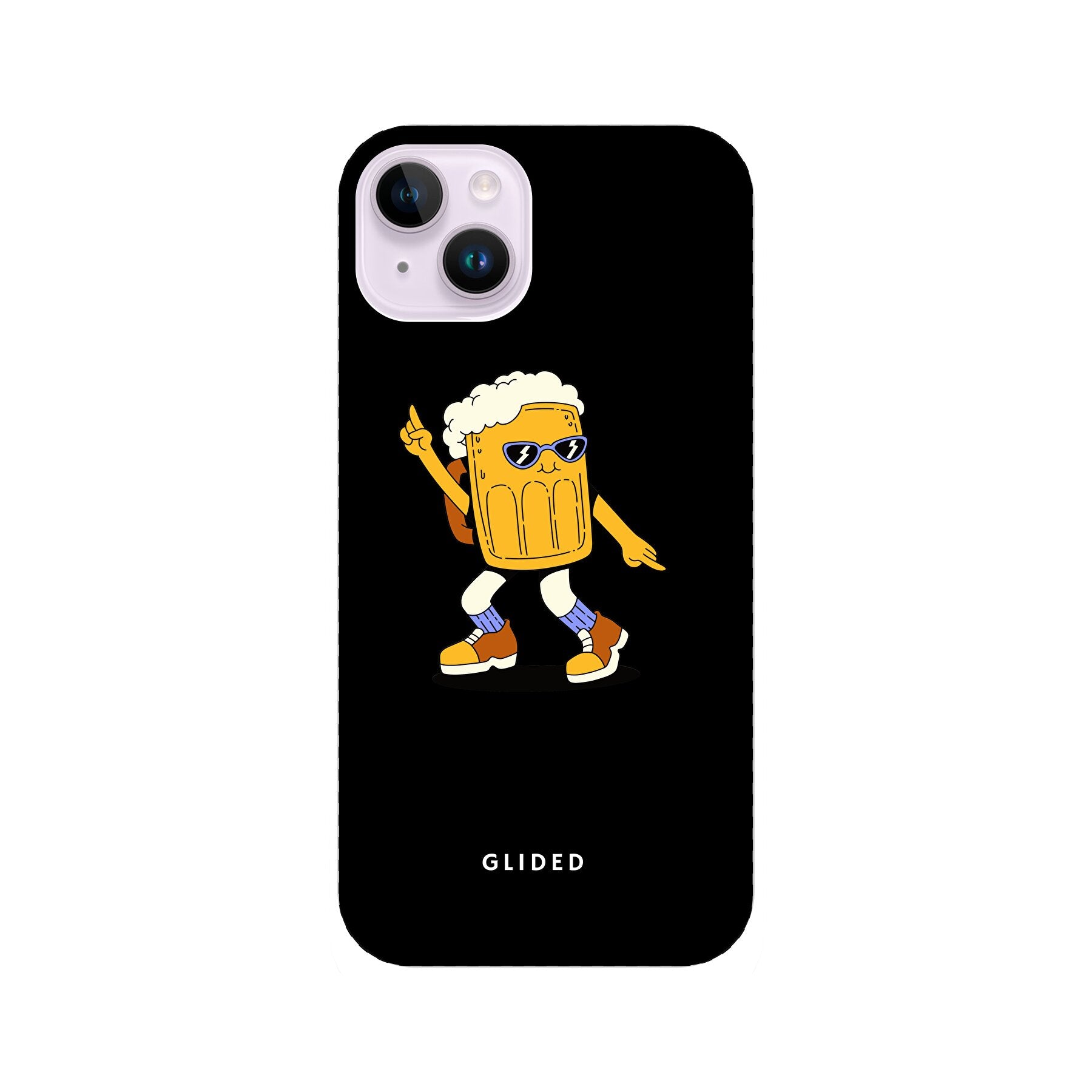 Brew Dance Handyhülle für iPhone 14 Plus mit einem fröhlichen tanzenden Bierdesign auf lebhaftem Hintergrund.