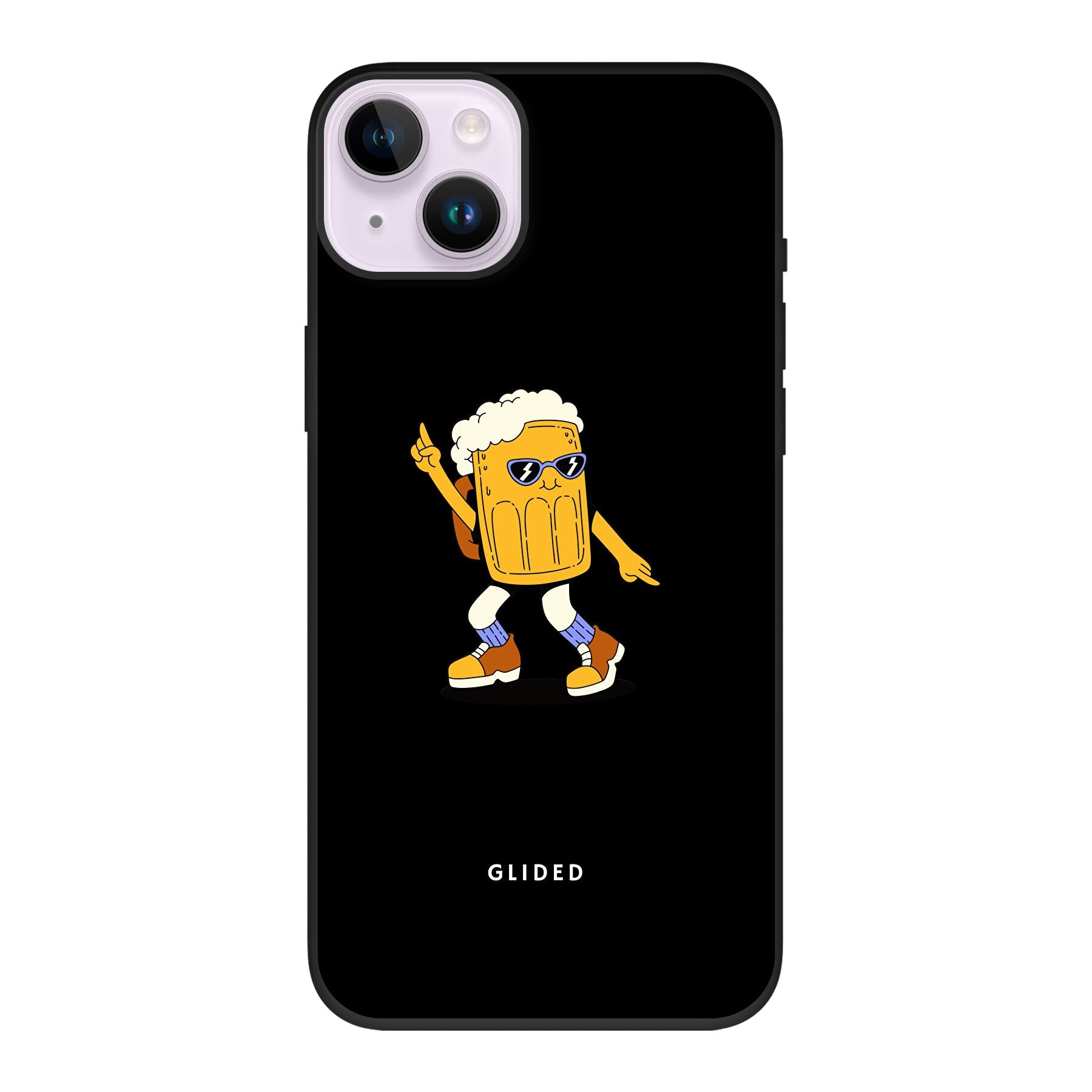Brew Dance Handyhülle für iPhone 14 Plus mit einem fröhlichen tanzenden Bierdesign auf lebhaftem Hintergrund.