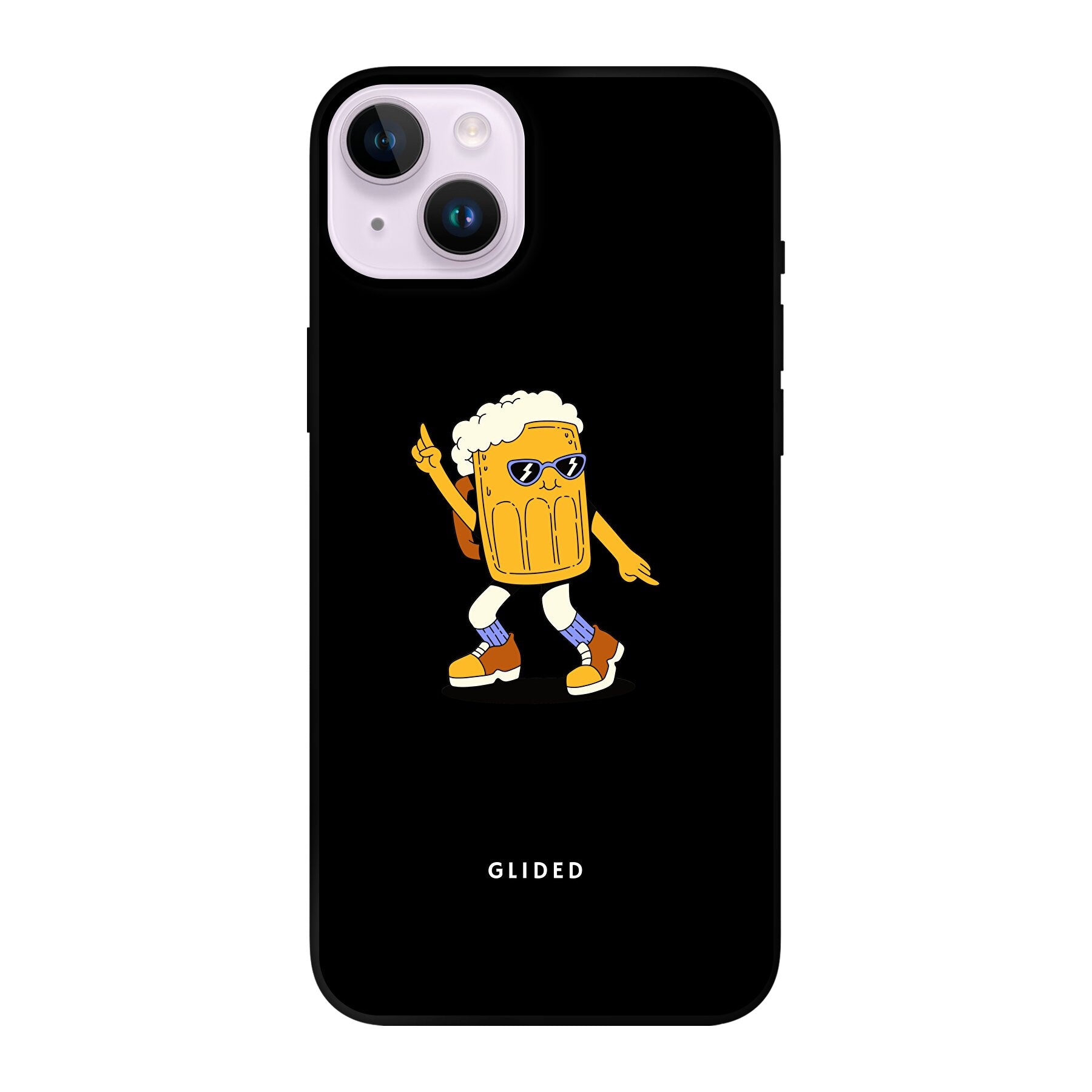 Brew Dance Handyhülle für iPhone 14 Plus mit einem fröhlichen tanzenden Bierdesign auf lebhaftem Hintergrund.