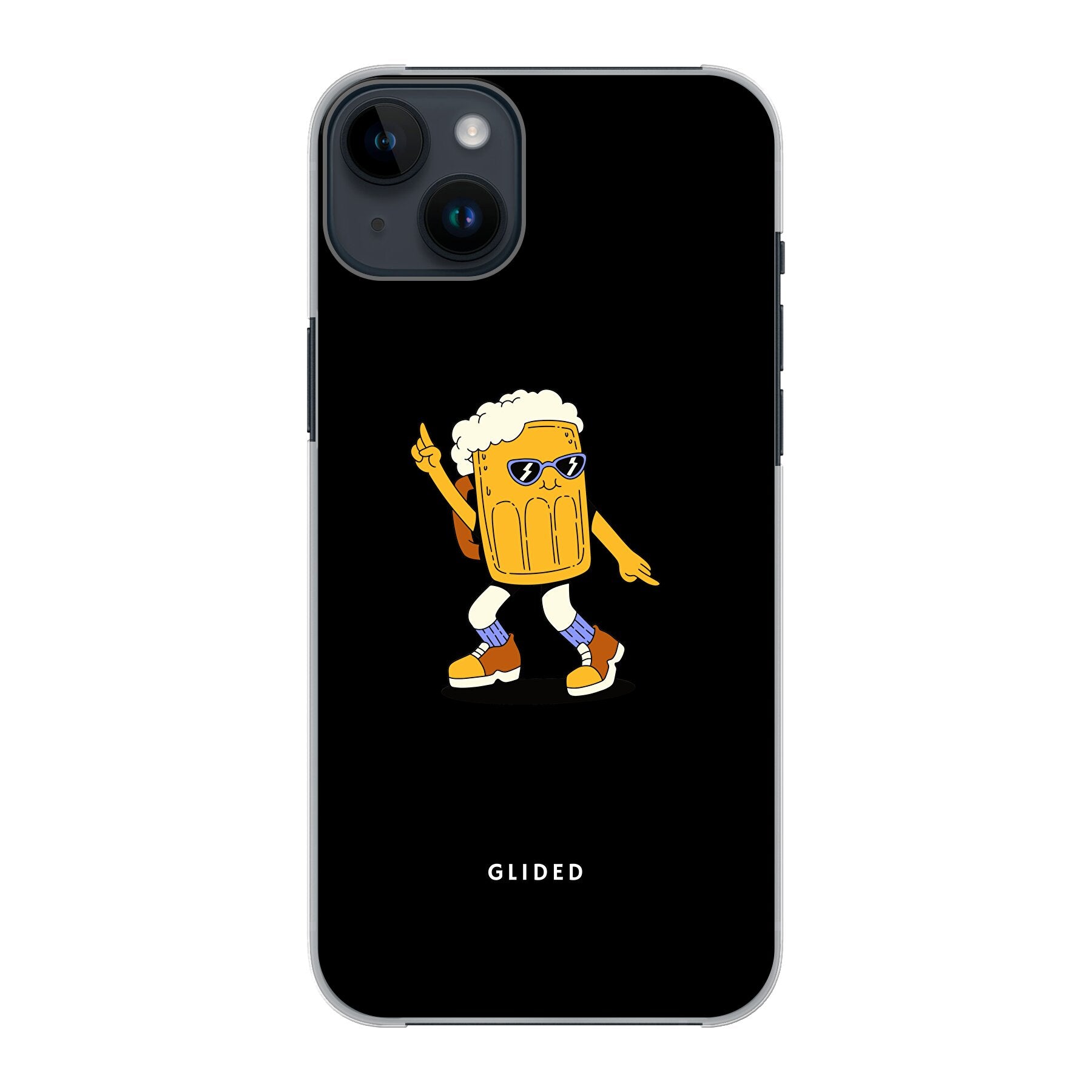 Brew Dance Handyhülle für iPhone 14 Plus mit einem fröhlichen tanzenden Bierdesign auf lebhaftem Hintergrund.