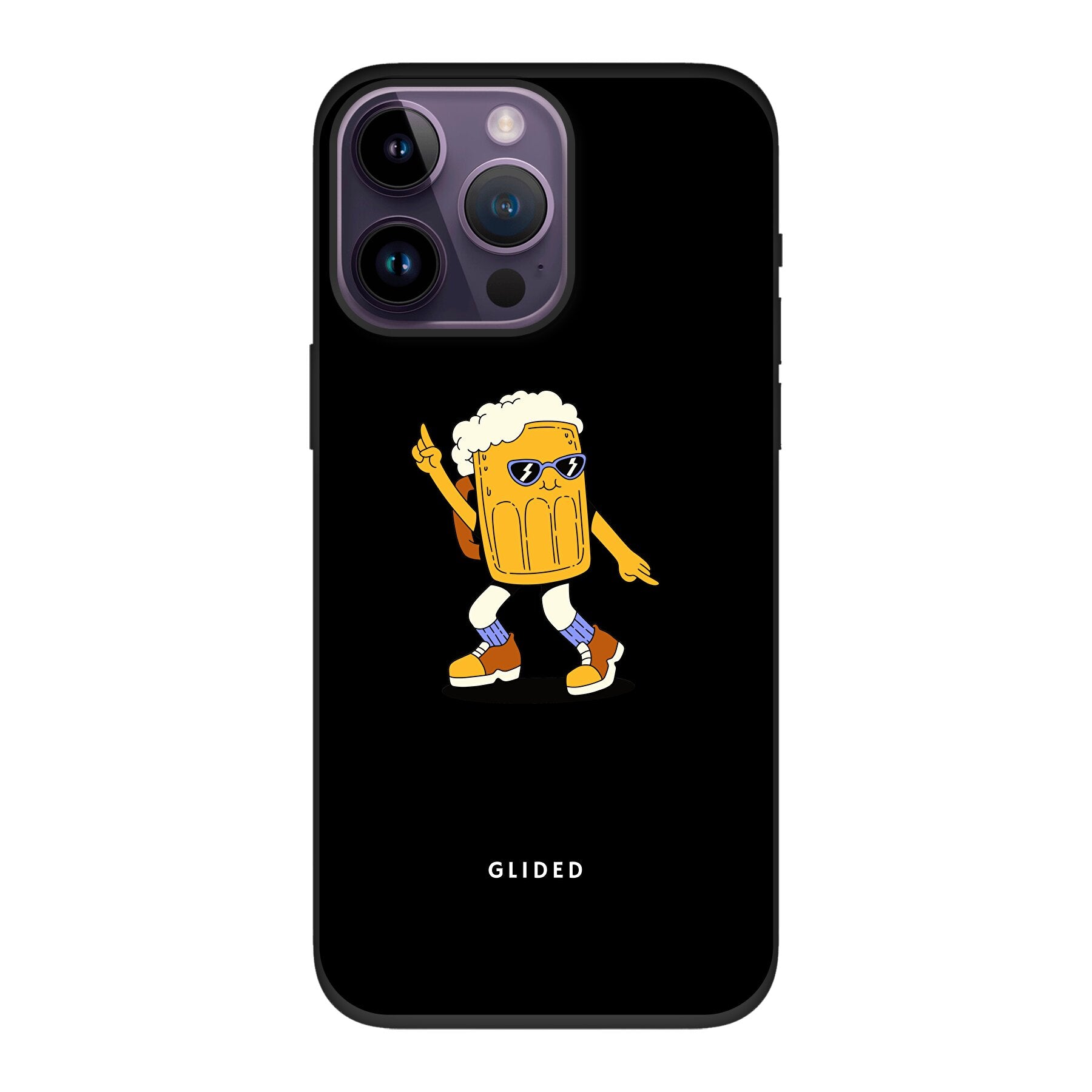 Brew Dance Handyhülle für iPhone 14 Pro Max mit einem fröhlichen tanzenden Bierdesign auf buntem Hintergrund.