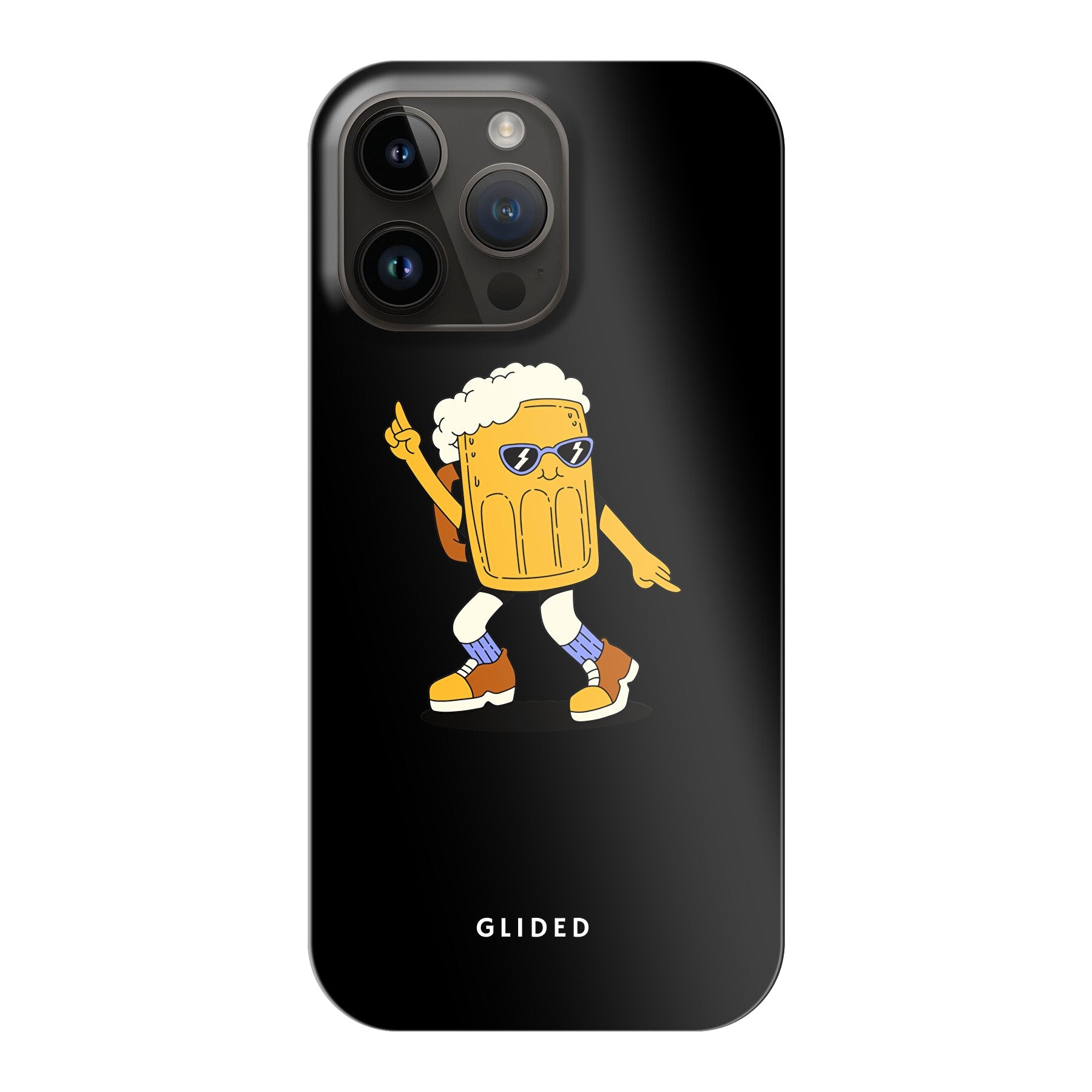 Brew Dance Handyhülle für iPhone 14 Pro Max mit einem fröhlichen tanzenden Bierdesign auf buntem Hintergrund.