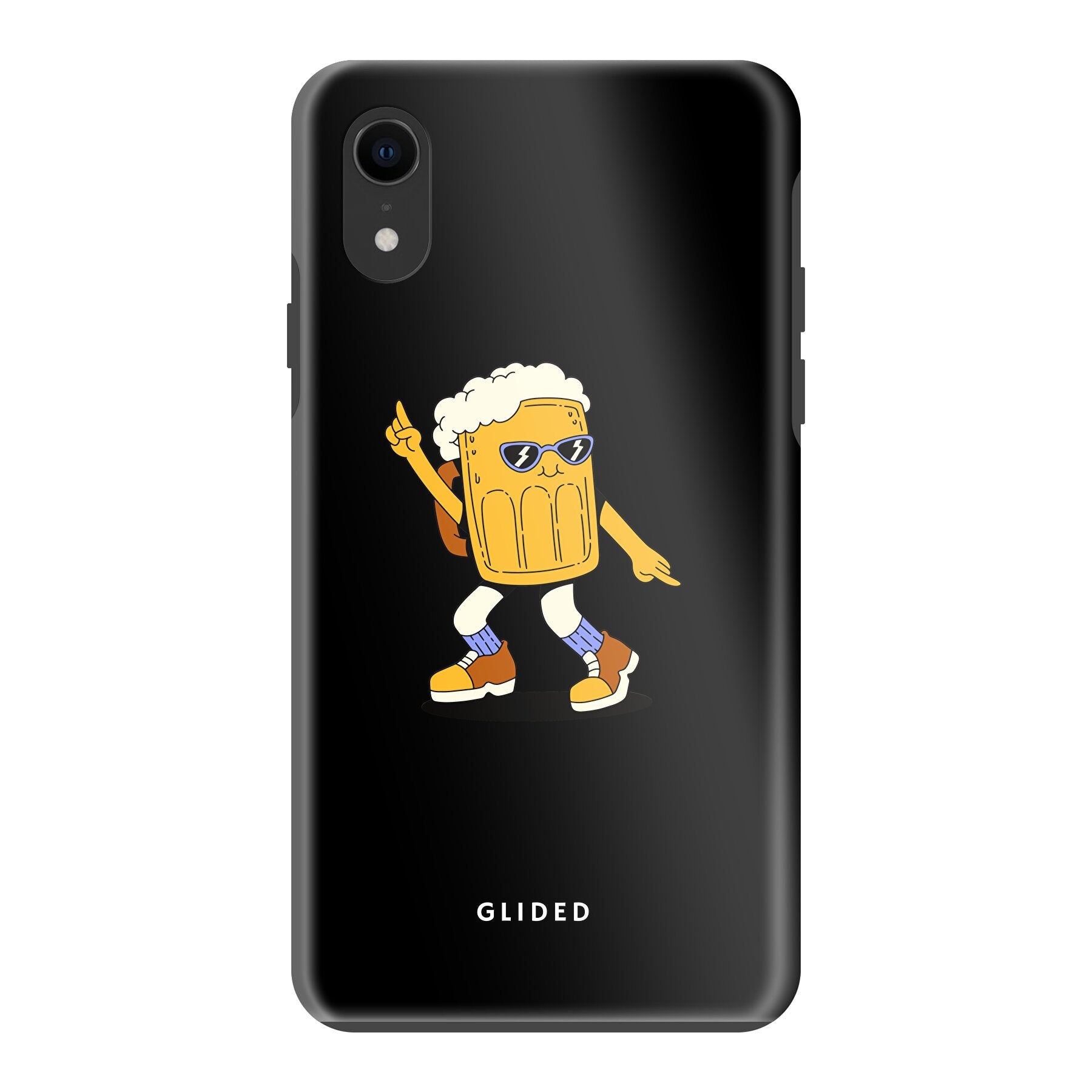 Brew Dance iPhone XR Handyhülle mit fröhlichem tanzendem Bierdesign auf lebendigem Hintergrund.