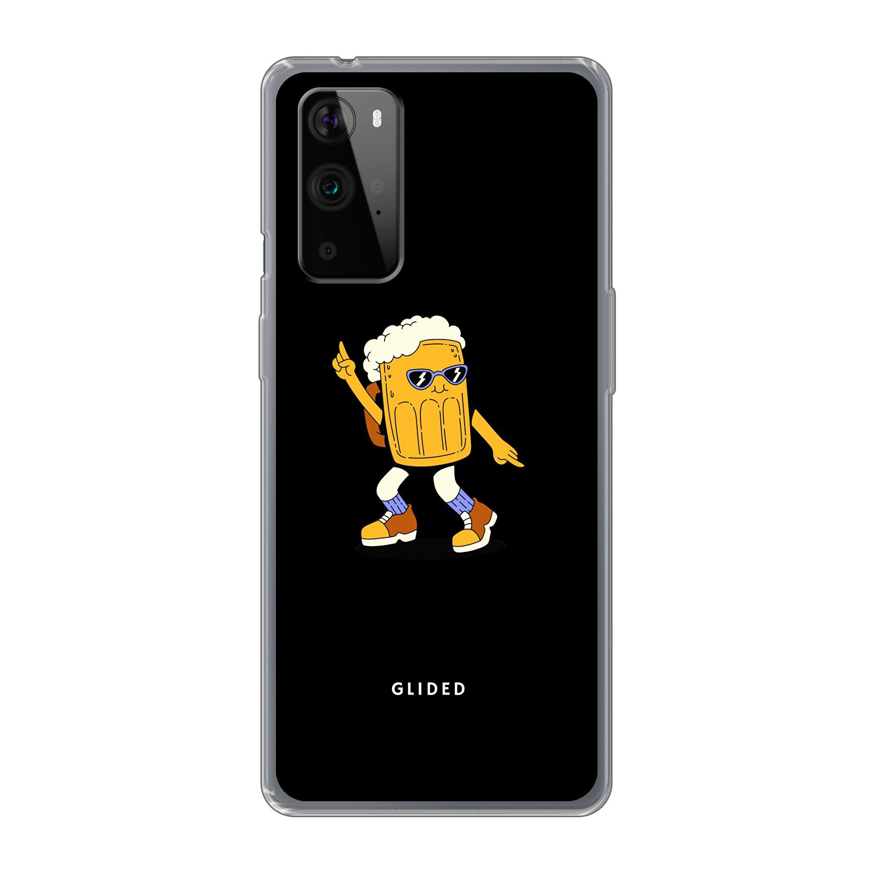 Brew Dance Handyhülle für OnePlus 9 Pro mit tanzendem Bierdesign auf buntem Hintergrund.