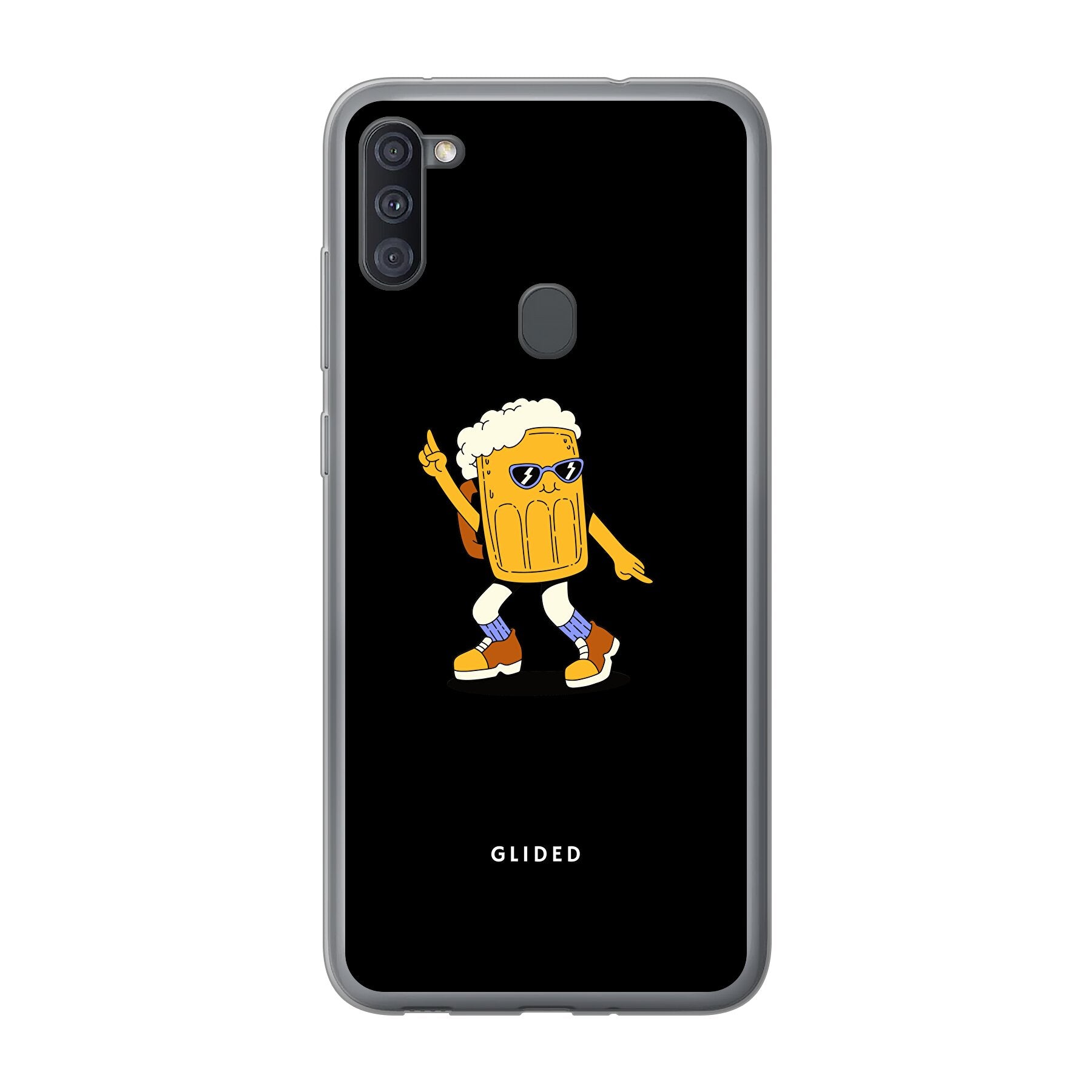 Brew Dance Handyhülle für Samsung Galaxy A11 mit einem fröhlichen tanzenden Bier auf lebhaftem Hintergrund, ideal für Bierliebhaber.