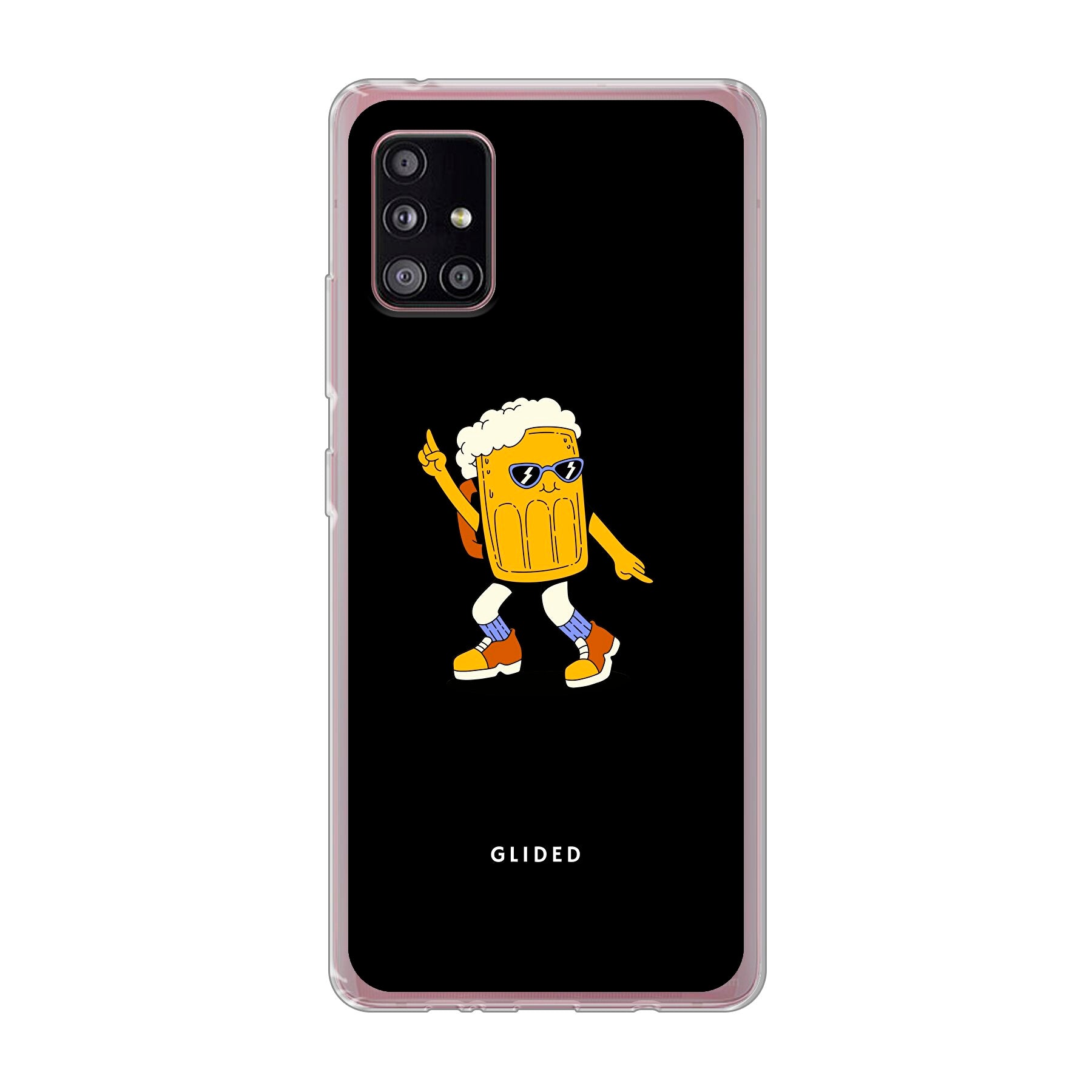 Brew Dance Handyhülle für Samsung Galaxy A51 5G mit einem fröhlichen tanzenden Bier-Design auf lebhaftem Hintergrund.