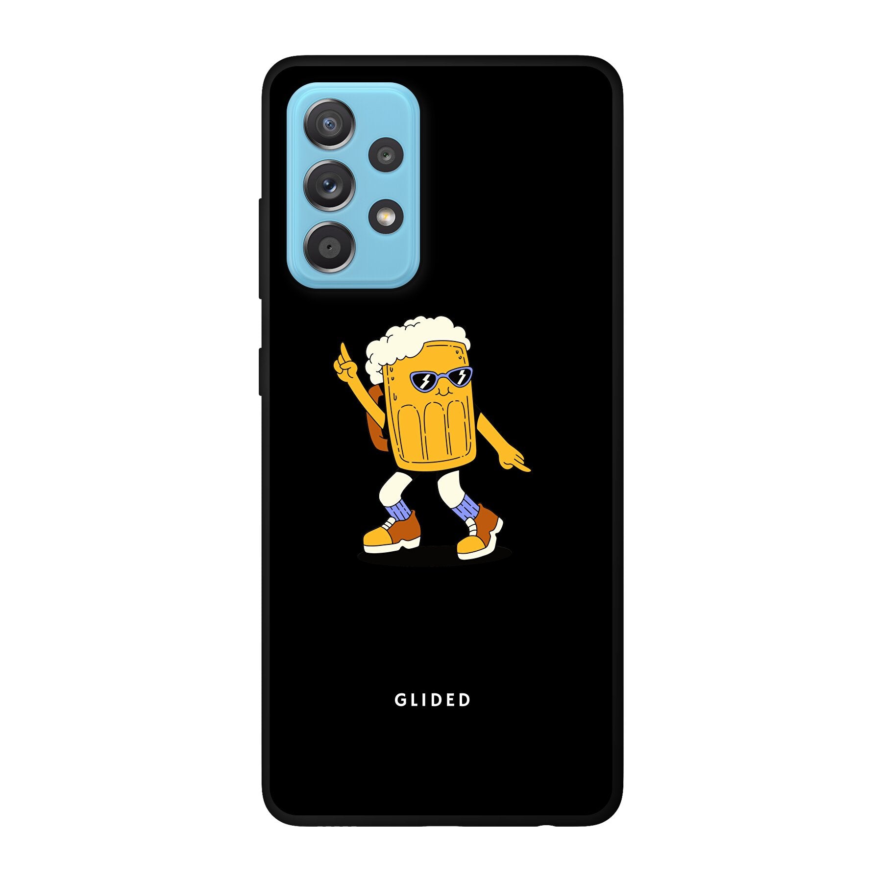 Brew Dance Handyhülle für Samsung Galaxy A52 mit tanzendem Bier-Design auf lebhaftem Hintergrund, ideal für Bierliebhaber.