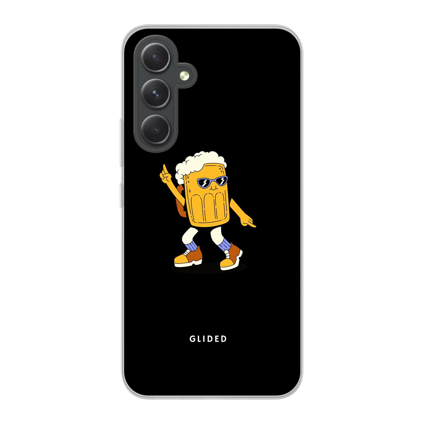 Brew Dance Handyhülle für Samsung Galaxy A54 5G mit einem fröhlichen tanzenden Bier auf lebhaftem Hintergrund.
