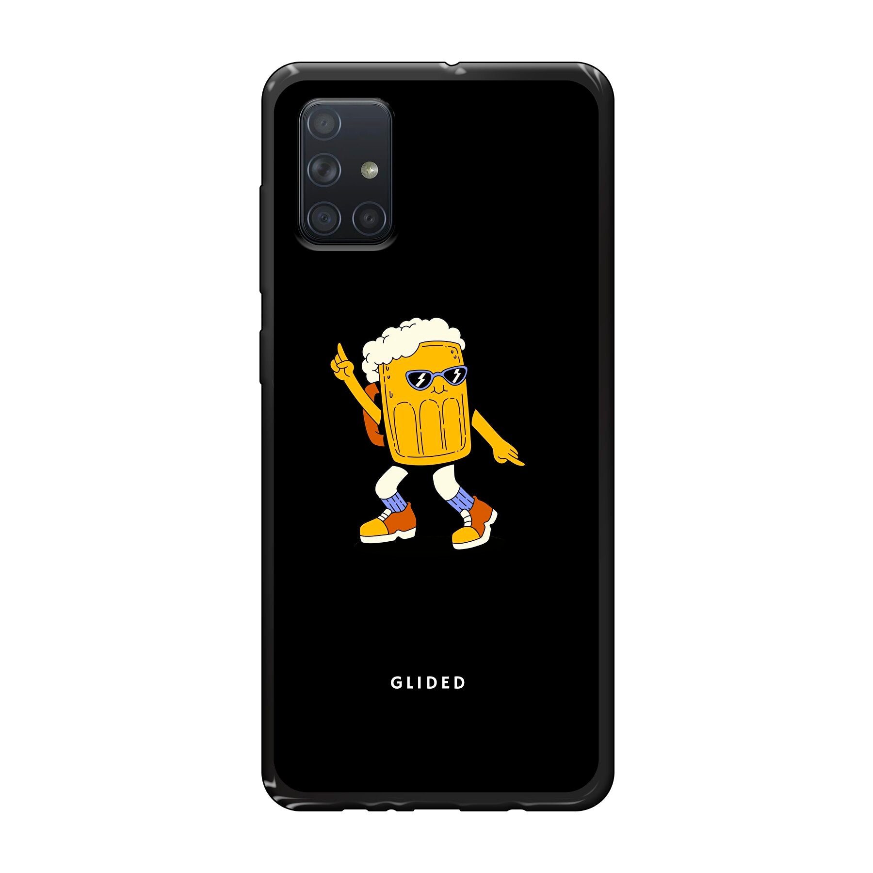 Brew Dance Handyhülle für Samsung Galaxy A71 mit einem fröhlichen tanzenden Bier auf lebhaftem Hintergrund, ideal für Bierliebhaber.