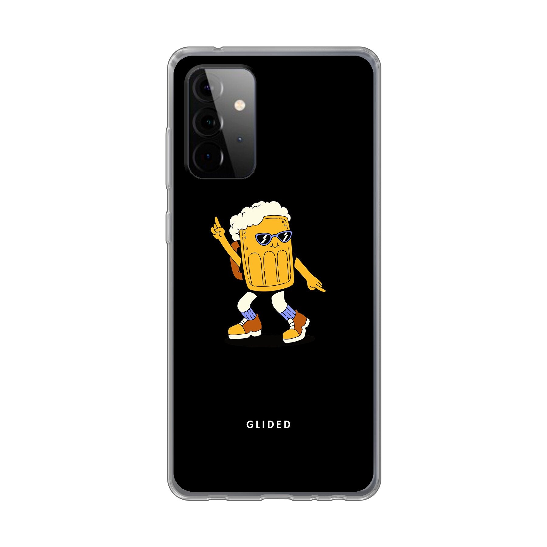 Brew Dance Handyhülle für Samsung Galaxy A72 mit fröhlichem tanzendem Bierdesign auf lebhaftem Hintergrund.