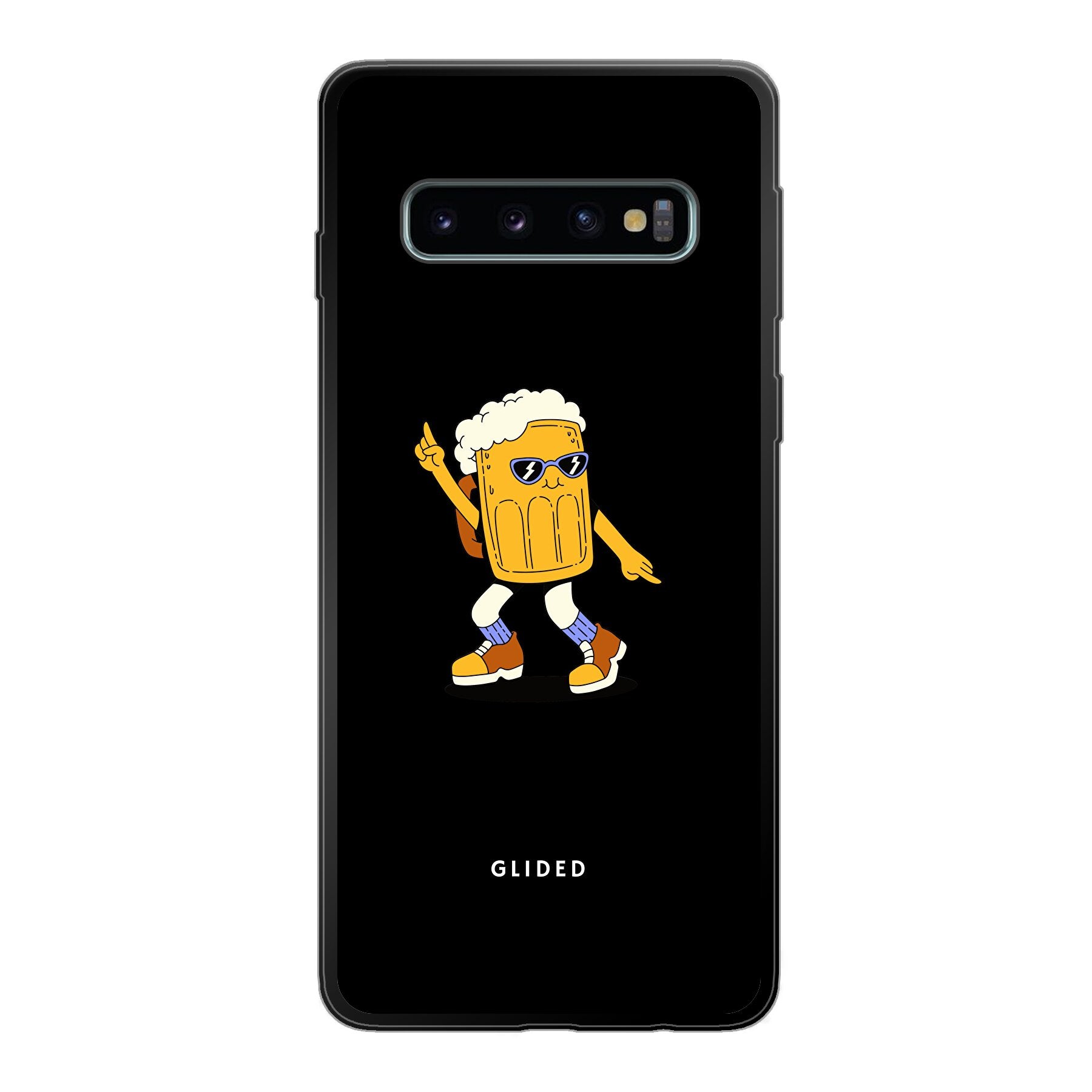 Brew Dance Handyhülle für Samsung Galaxy S10 mit fröhlichem tanzendem Bierdesign auf lebhaftem Hintergrund.