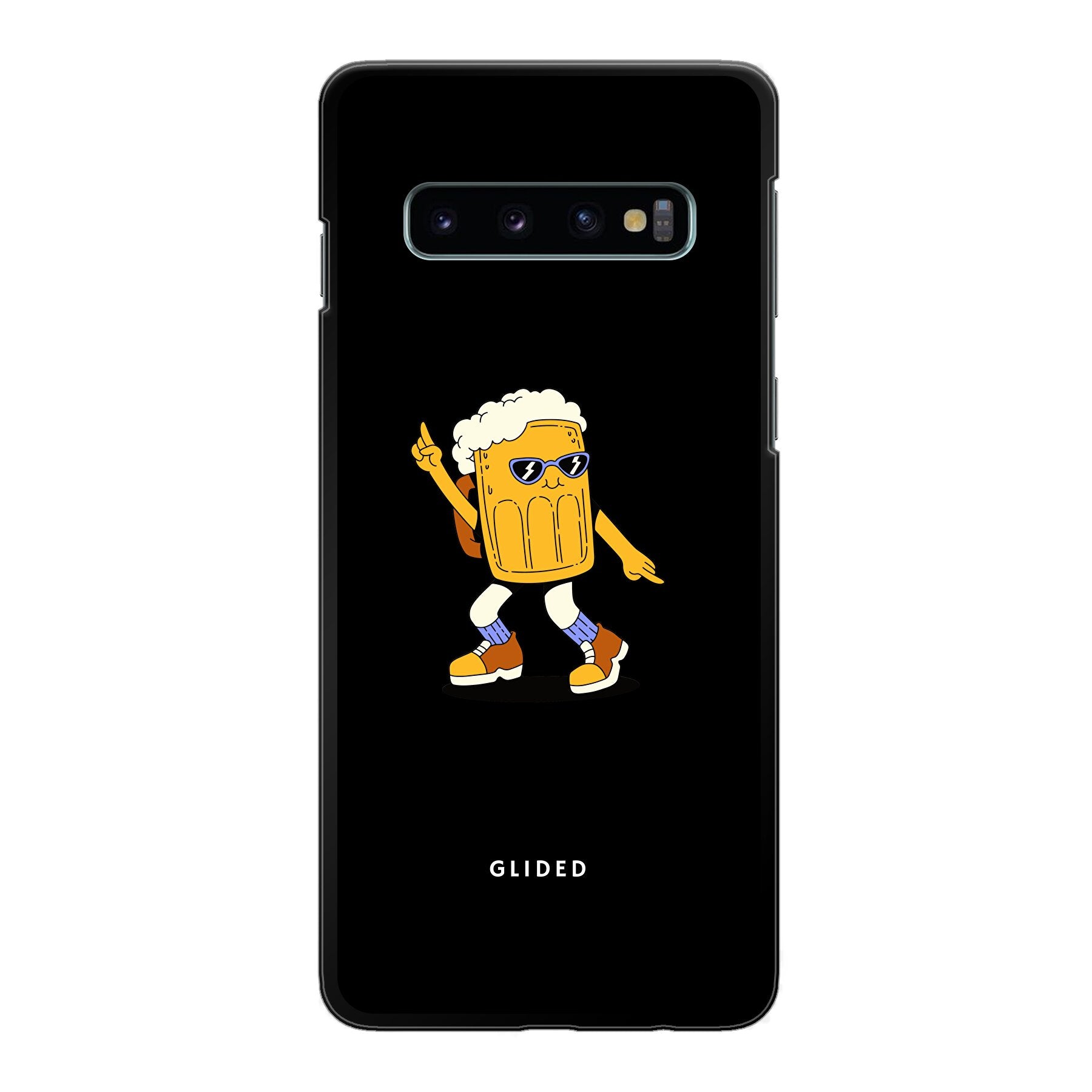 Brew Dance Handyhülle für Samsung Galaxy S10 mit fröhlichem tanzendem Bierdesign auf lebhaftem Hintergrund.