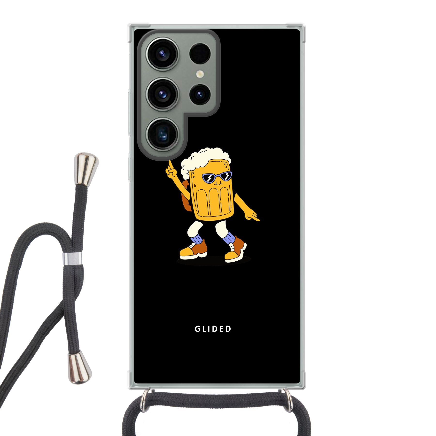 Brew Dance Handyhülle für Samsung Galaxy S23 Ultra mit einem fröhlichen tanzenden Bierdesign auf lebhaftem Hintergrund.