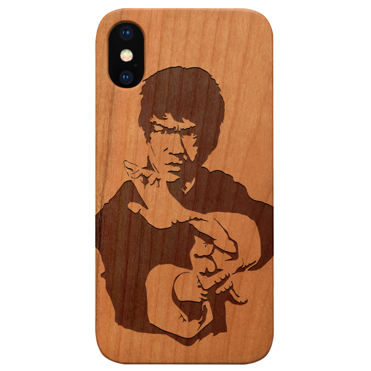 Bruce Lee engraved wooden phone case showcasing intricate design and durable construction.