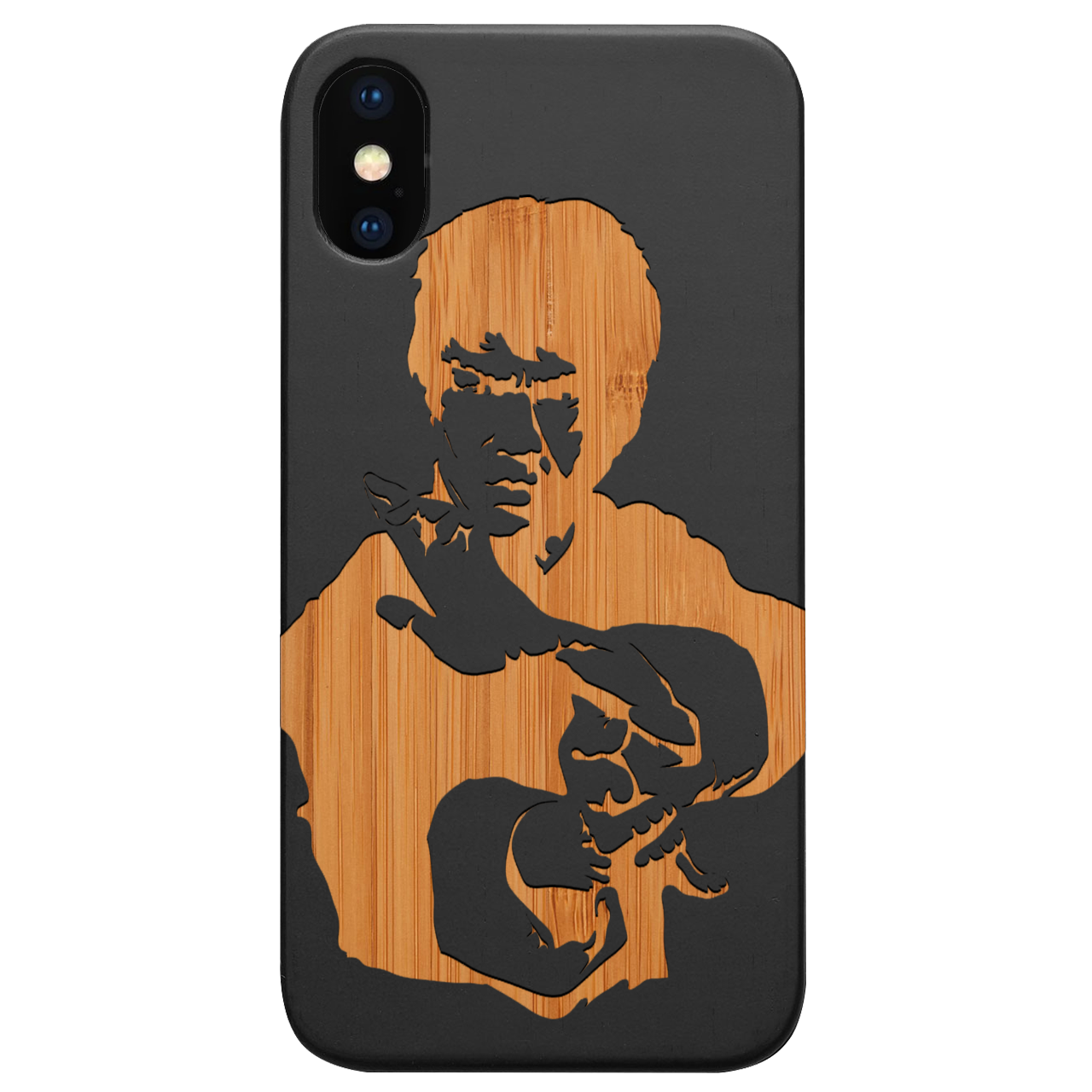 Bruce Lee engraved wooden phone case showcasing intricate design and durable construction.