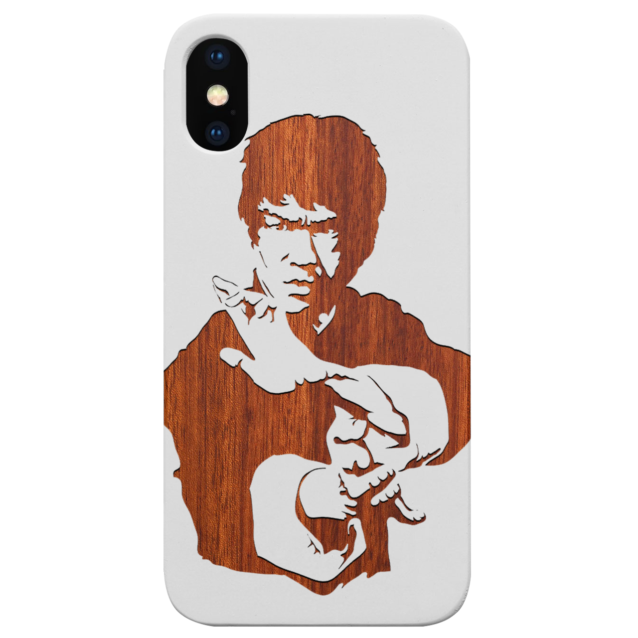 Bruce Lee engraved wooden phone case showcasing intricate design and durable construction.