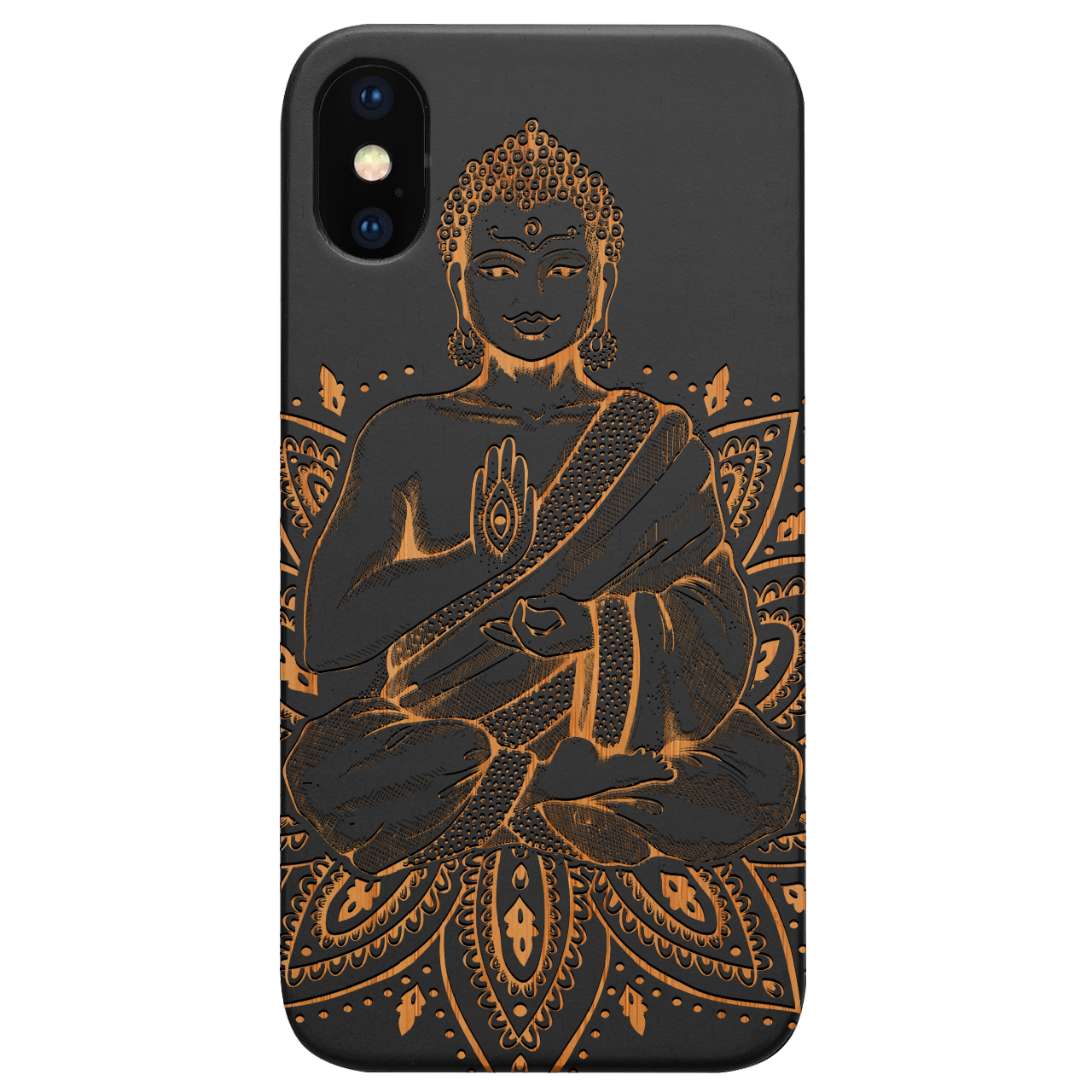 Buddha 2 - Engraved wooden phone case showcasing intricate laser-engraved designs and natural wood finish.