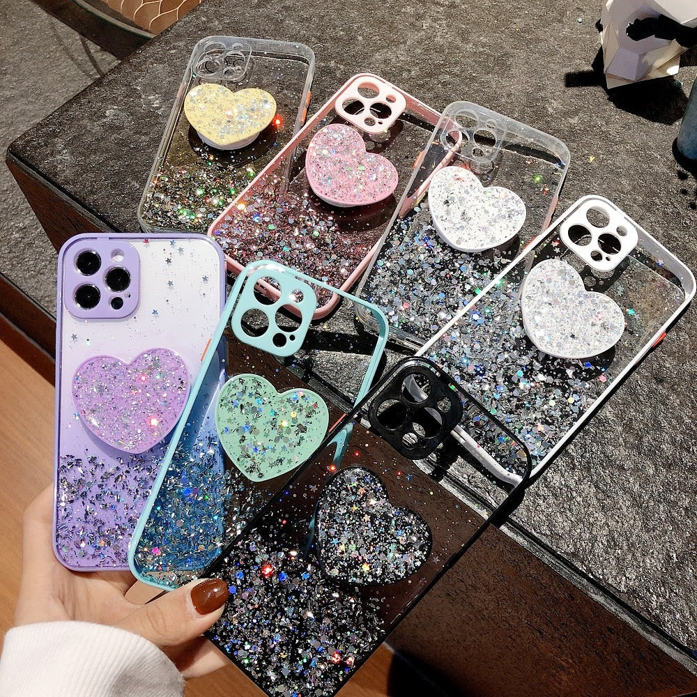 Colorful sequins glitter case for iPhone with a heart-shaped stand, showcasing vibrant colors and stylish design.