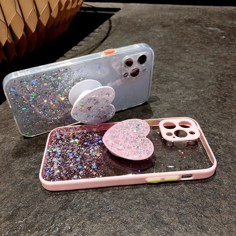 Colorful sequins glitter case for iPhone with a heart-shaped stand, showcasing vibrant colors and stylish design.