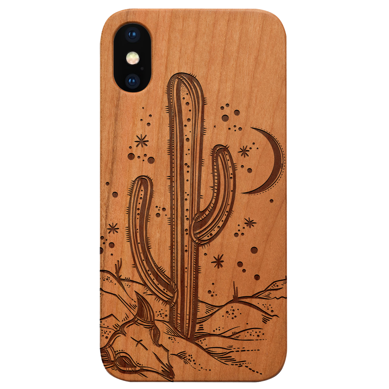 Cactus Engraved wooden phone case showcasing unique laser-engraved design and natural wood finish, suitable for iPhone and Samsung models.
