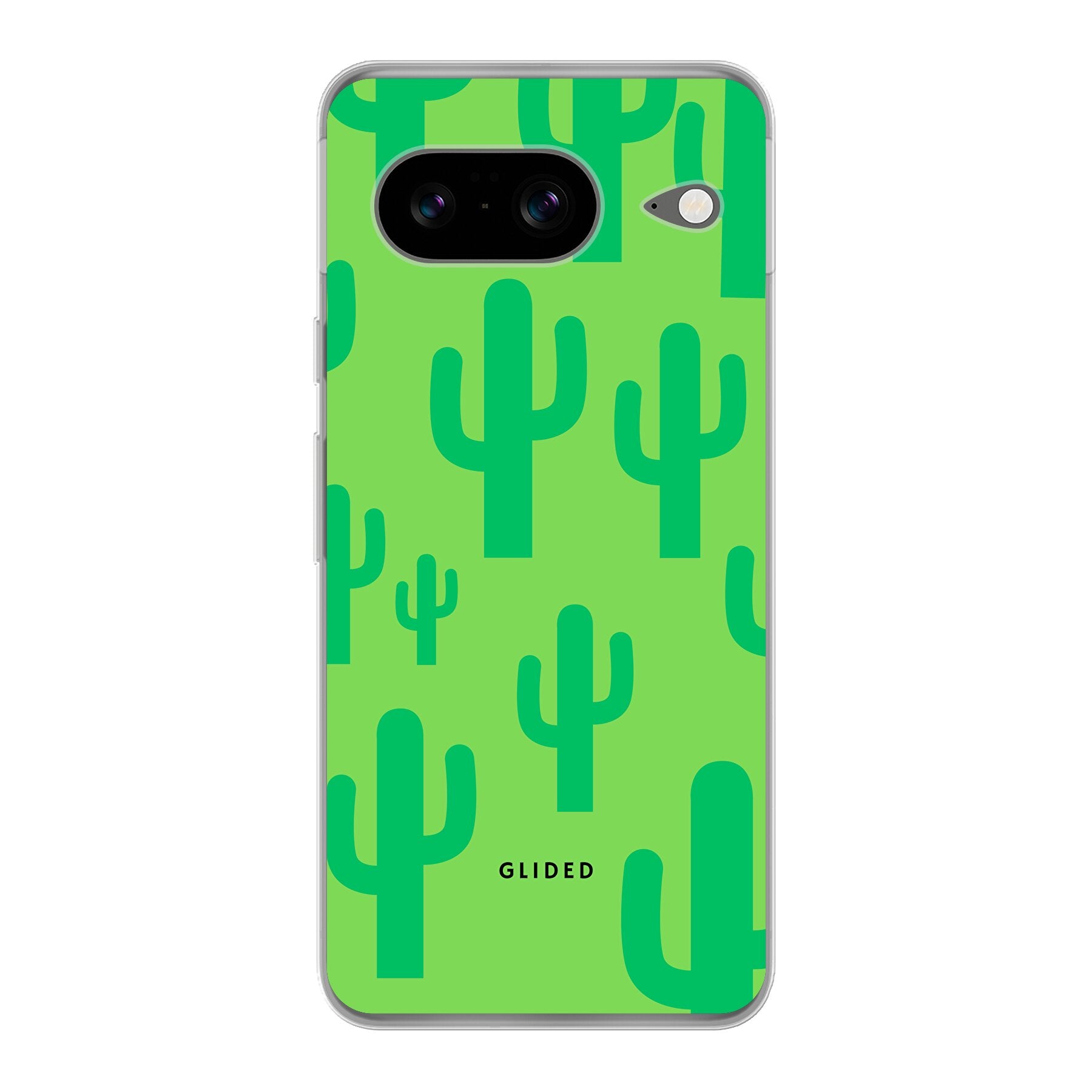 Cactus Spikes Handyhülle für Google Pixel 8 mit lebendigem Kaktus-Design auf grünem Hintergrund, idealer Schutz und Stil.