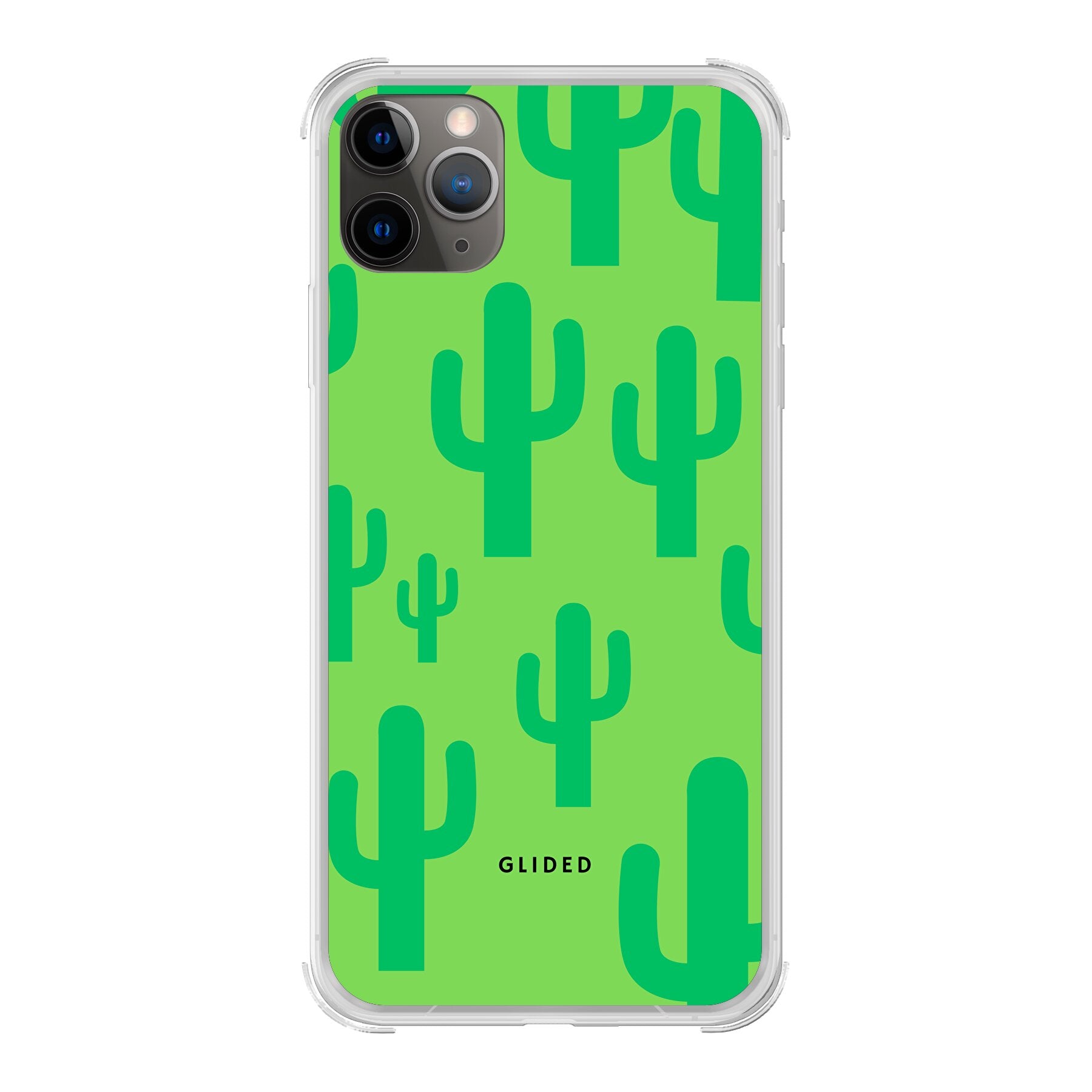 Cactus Spikes iPhone 11 Pro Handyhülle mit lebendigem Kaktusdesign auf grünem Hintergrund, ideal für stilbewusste Nutzer.