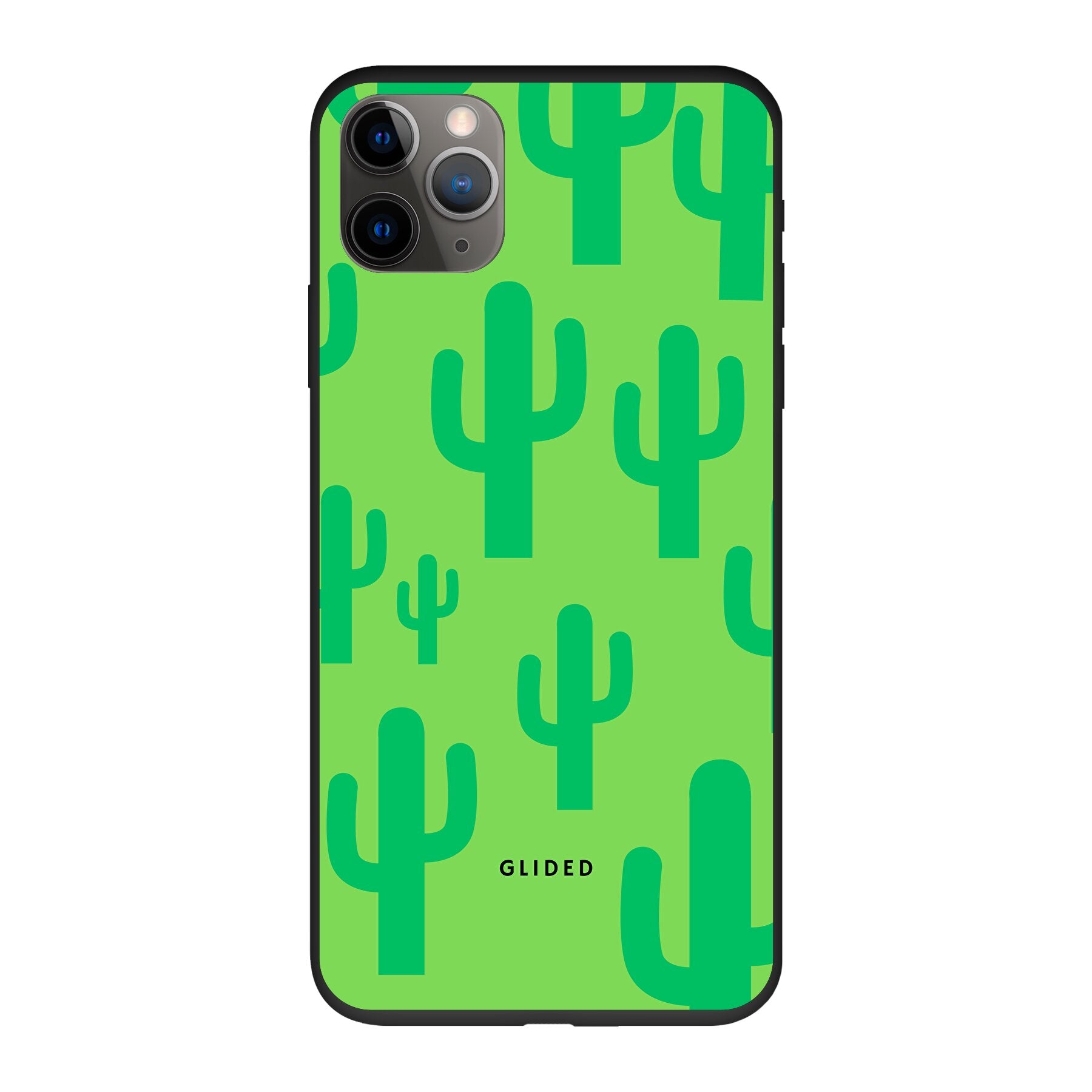 Cactus Spikes iPhone 11 Pro Handyhülle mit lebendigem Kaktusdesign auf grünem Hintergrund, ideal für stilbewusste Nutzer.