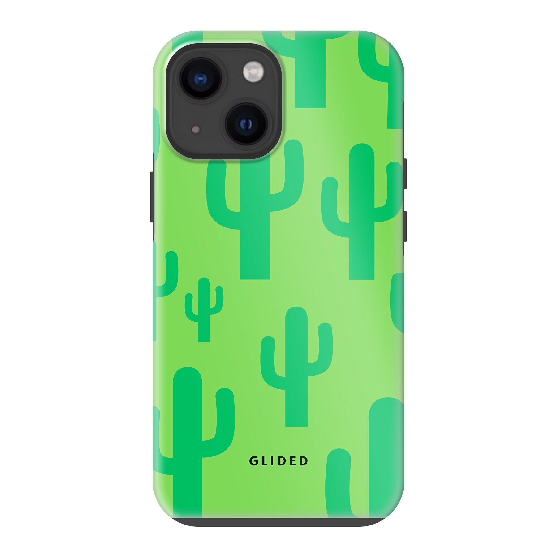 Cactus Spikes iPhone 13 mini Handyhülle mit lebendigem Kaktus-Design auf grünem Hintergrund, ideal für Naturliebhaber.