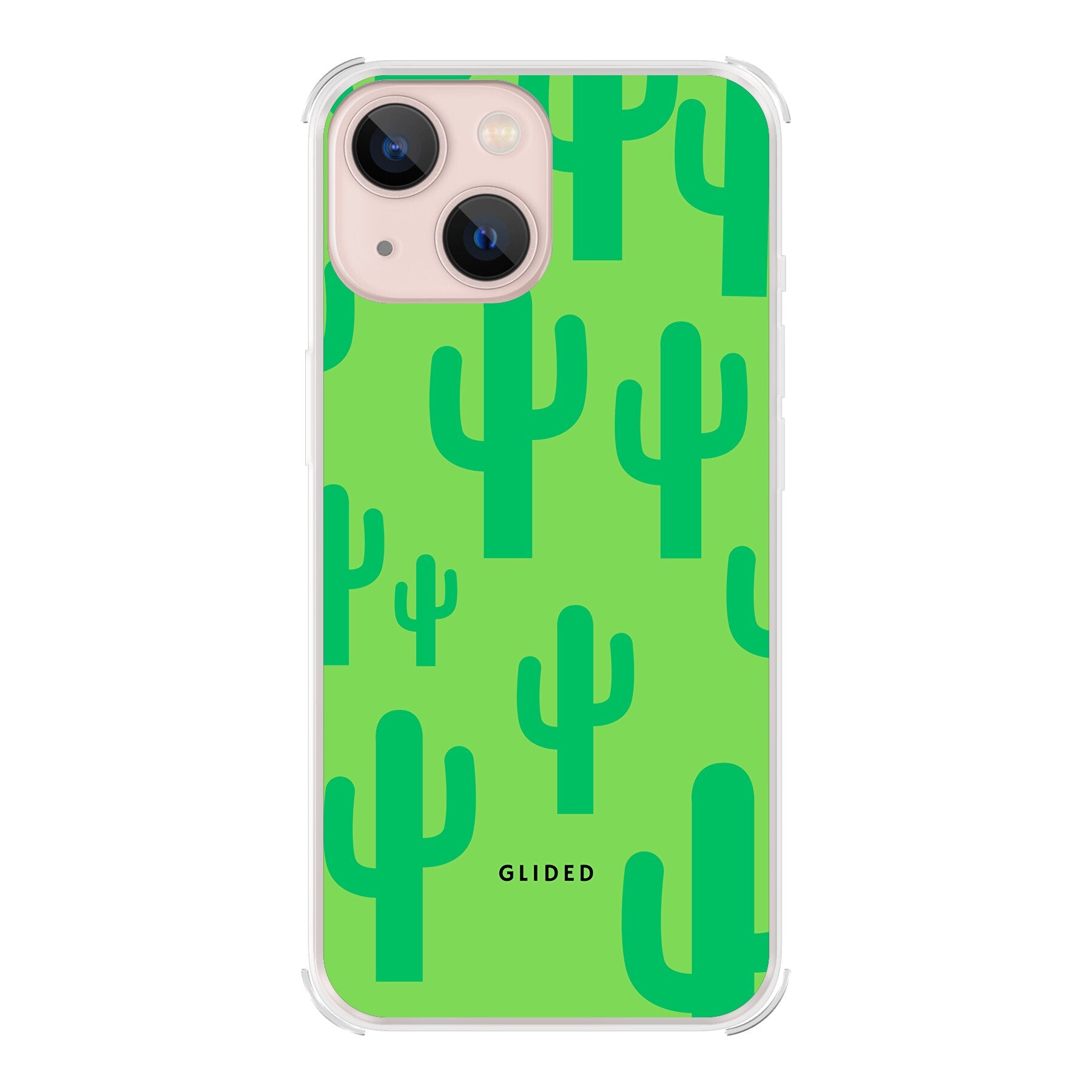 Cactus Spikes iPhone 13 mini Handyhülle mit lebendigem Kaktus-Design auf grünem Hintergrund, ideal für Naturliebhaber.
