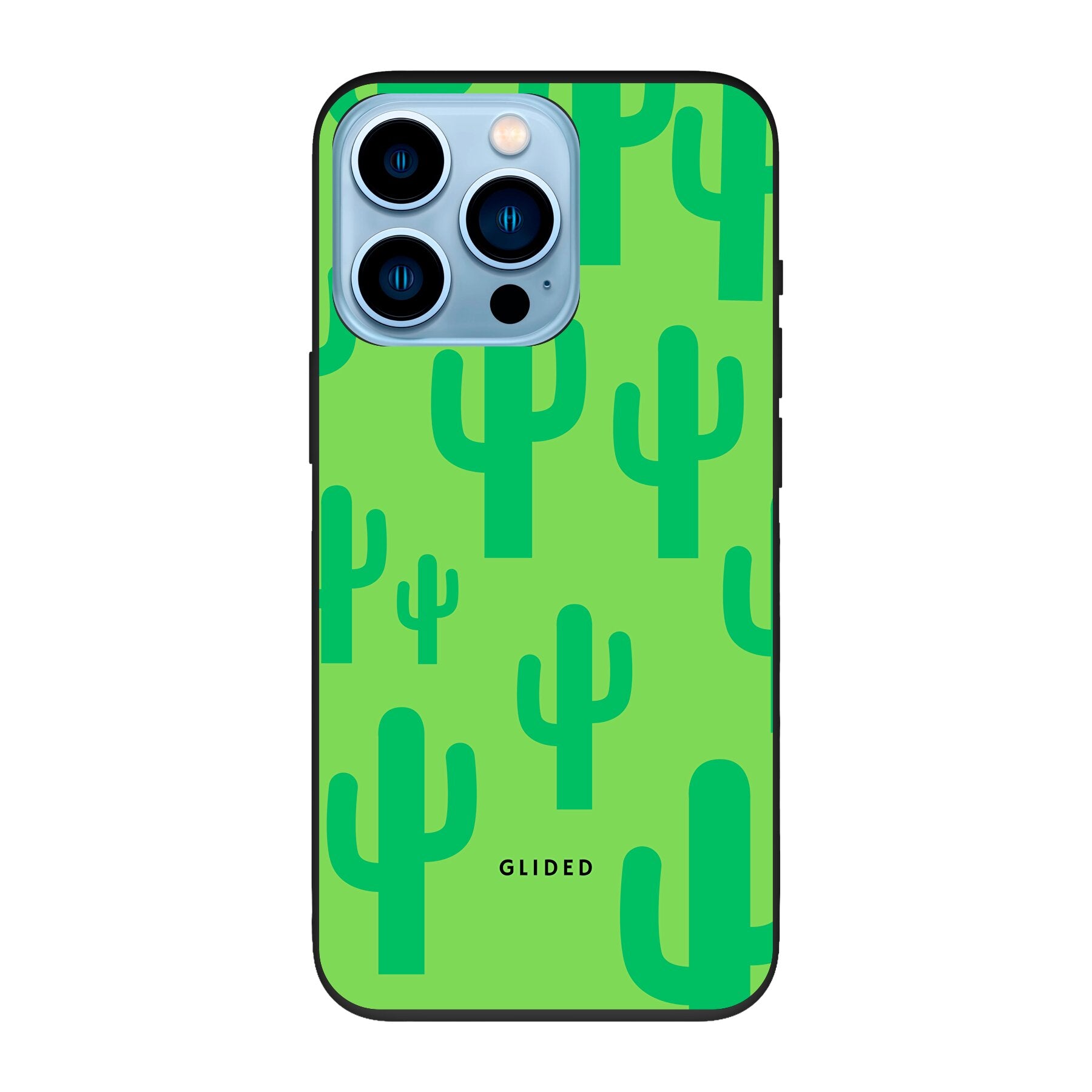 Cactus Spikes iPhone 13 Pro Handyhülle mit lebendigem Kaktus-Design auf grünem Hintergrund, ideal für stilvollen Schutz.