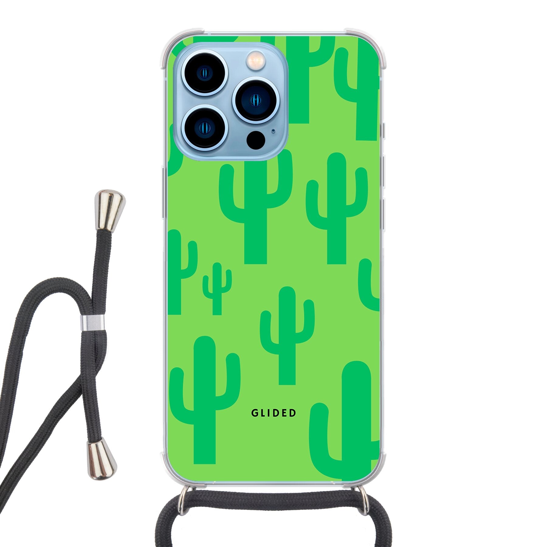 Cactus Spikes iPhone 13 Pro Handyhülle mit lebendigem Kaktus-Design auf grünem Hintergrund, ideal für stilvollen Schutz.