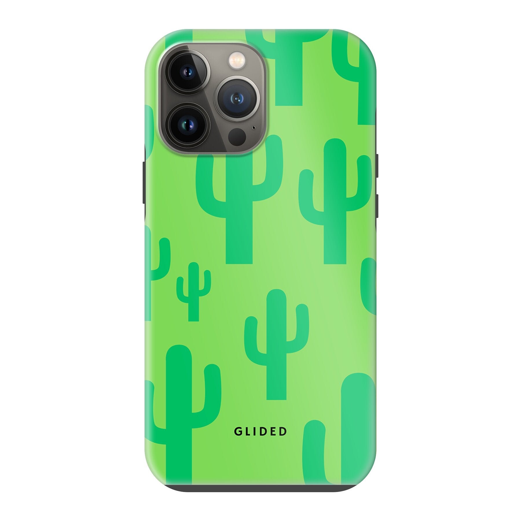 Cactus Spikes Handyhülle für iPhone 13 Pro Max mit lebendigem Kaktusdesign auf grünem Hintergrund, stilvoll und schützend.