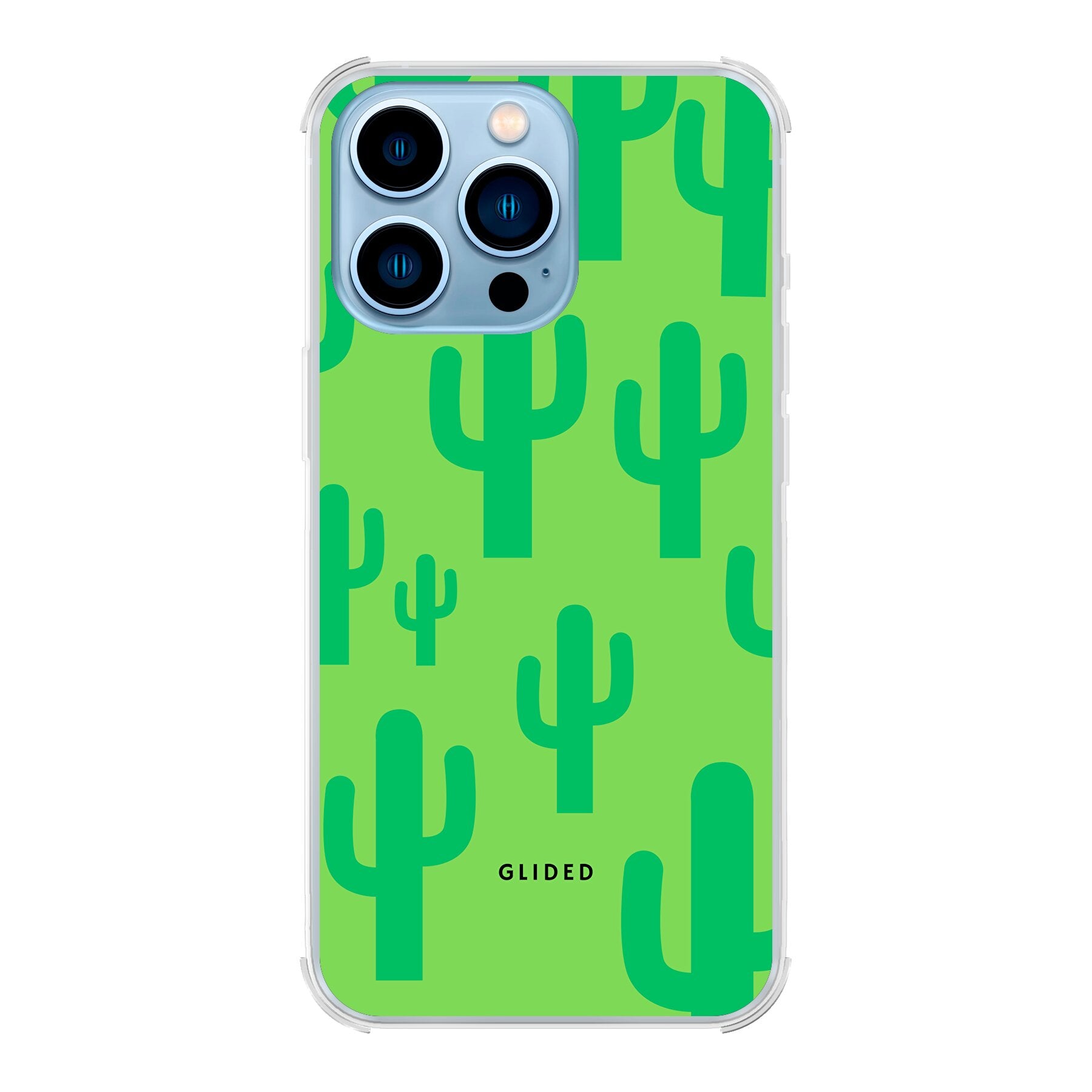 Cactus Spikes Handyhülle für iPhone 13 Pro Max mit lebendigem Kaktusdesign auf grünem Hintergrund, stilvoll und schützend.