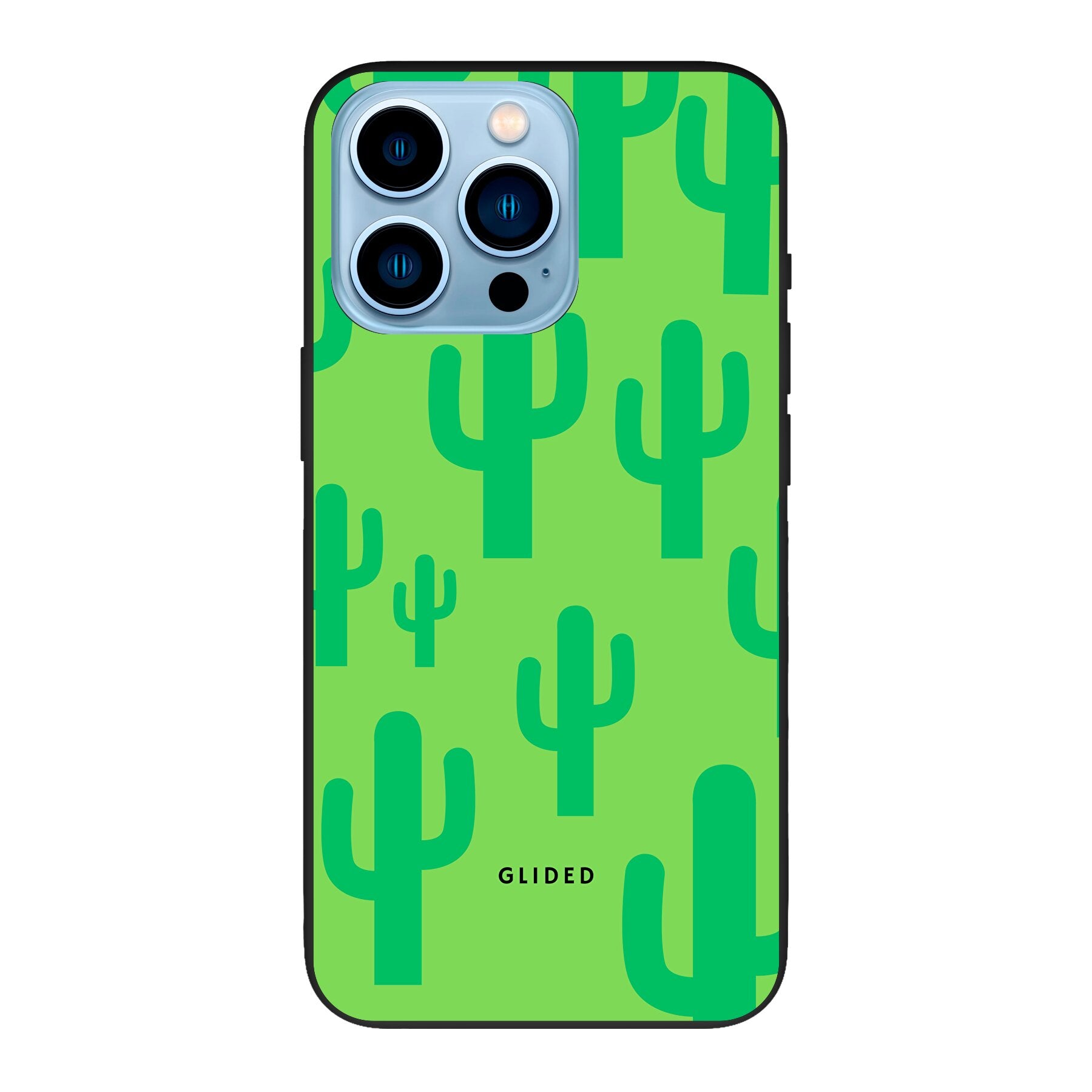 Cactus Spikes Handyhülle für iPhone 13 Pro Max mit lebendigem Kaktusdesign auf grünem Hintergrund, stilvoll und schützend.