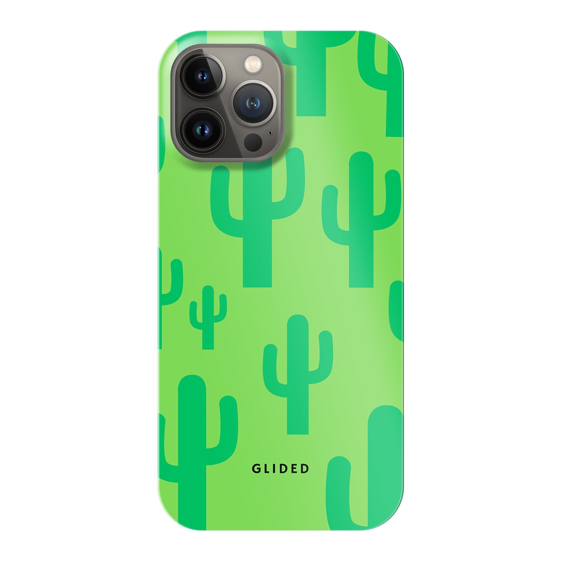 Cactus Spikes Handyhülle für iPhone 13 Pro Max mit lebendigem Kaktusdesign auf grünem Hintergrund, stilvoll und schützend.