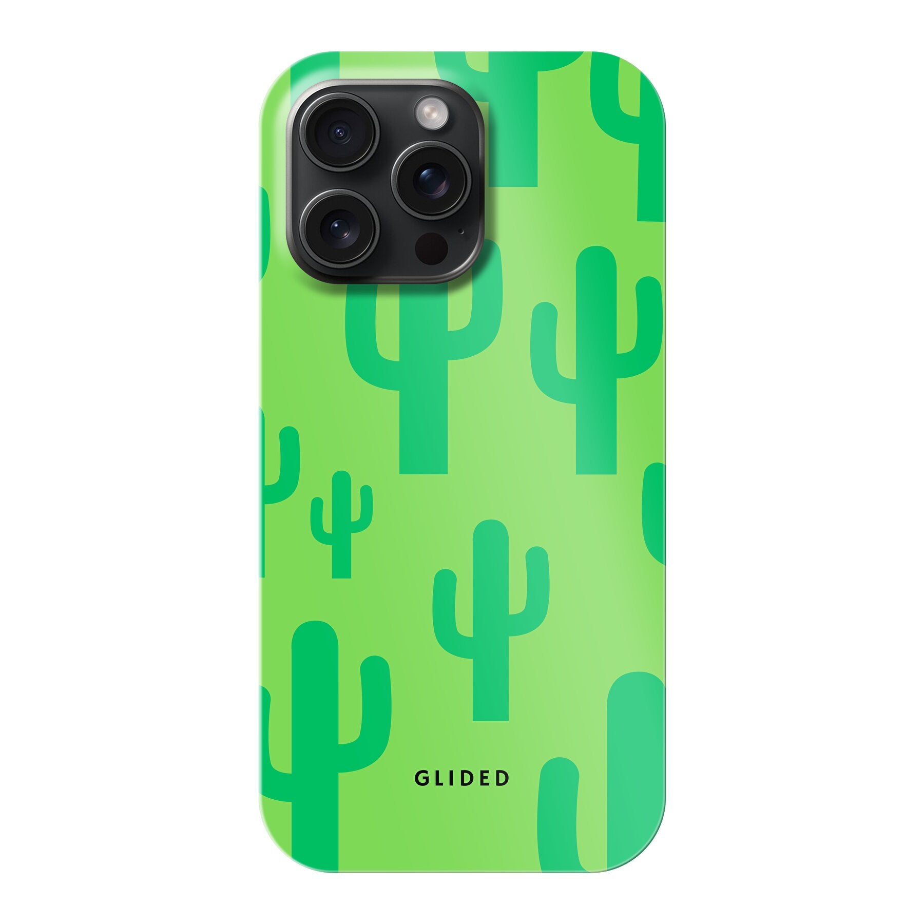 Cactus Spikes Handyhülle für iPhone 15 Pro Max mit lebendigem Kaktusdesign auf grünem Hintergrund.