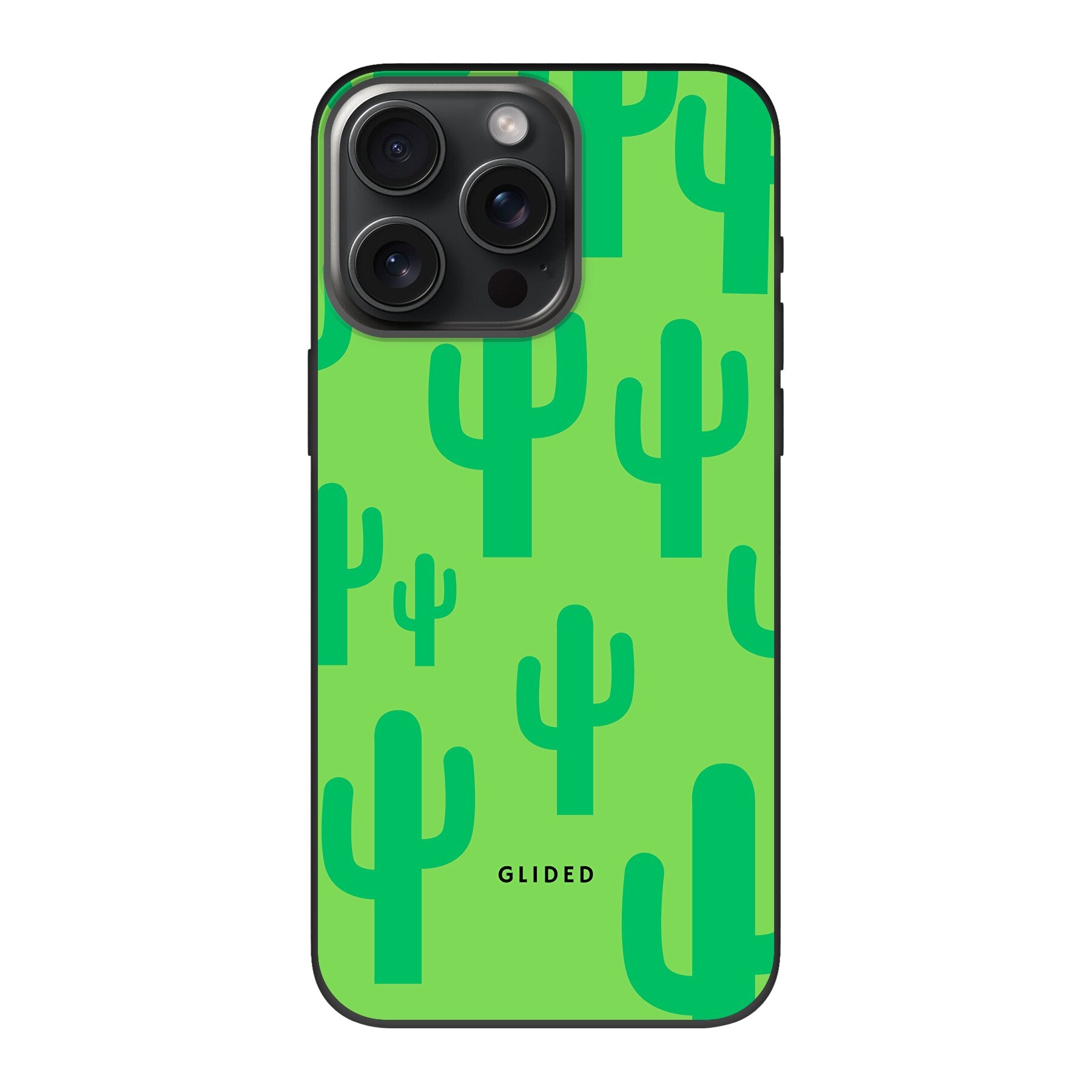 Cactus Spikes Handyhülle für iPhone 15 Pro Max mit lebendigem Kaktusdesign auf grünem Hintergrund.