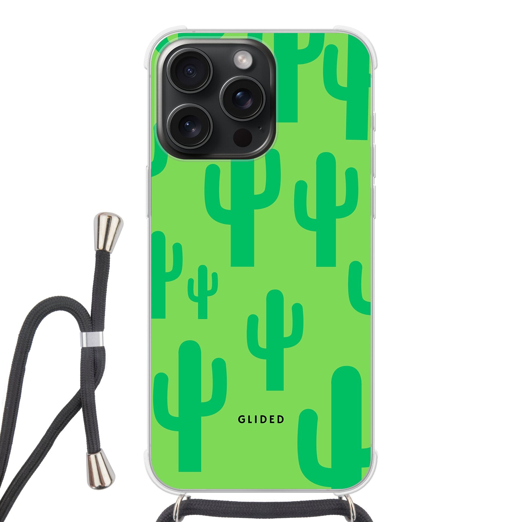 Cactus Spikes Handyhülle für iPhone 15 Pro Max mit lebendigem Kaktusdesign auf grünem Hintergrund.
