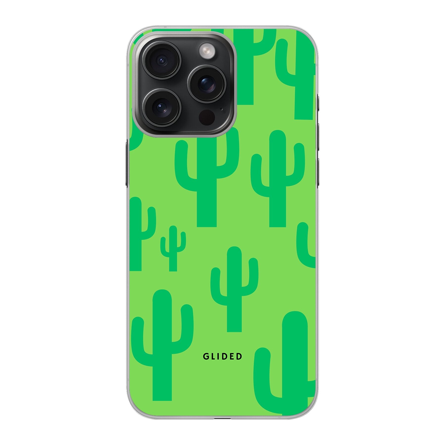 Cactus Spikes Handyhülle für iPhone 15 Pro Max mit lebendigem Kaktusdesign auf grünem Hintergrund.