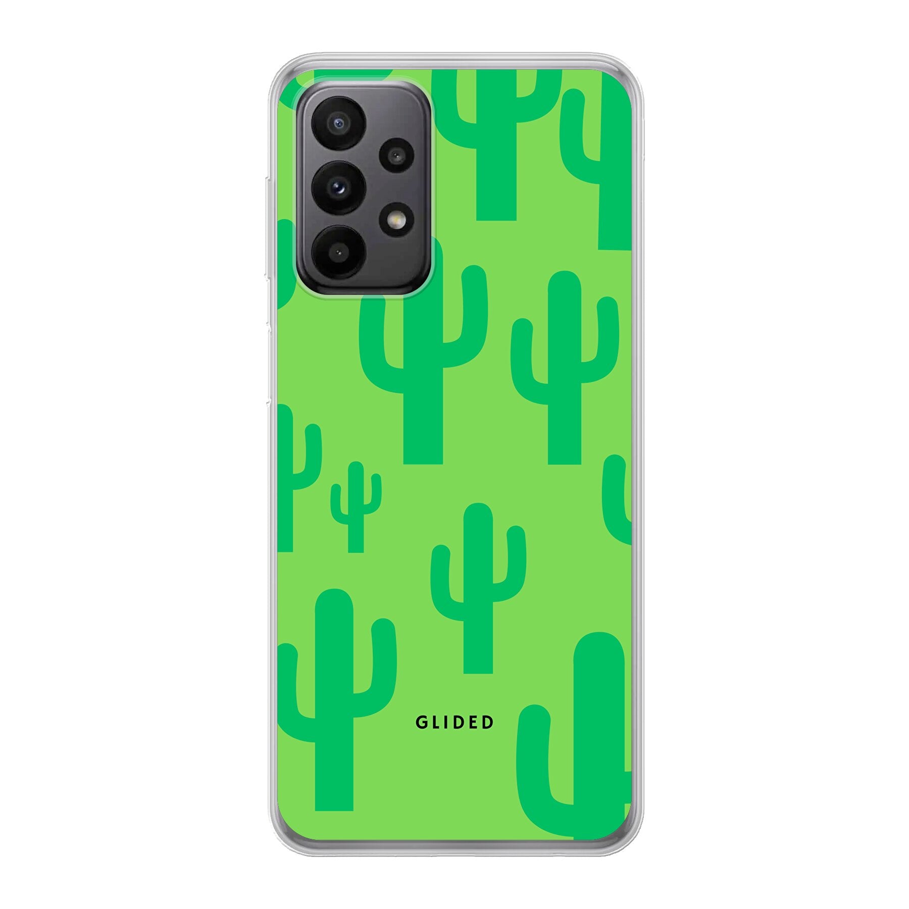 Cactus Spikes Handyhülle für Samsung Galaxy A23 5G mit lebendigem Kaktus-Design auf grünem Hintergrund.