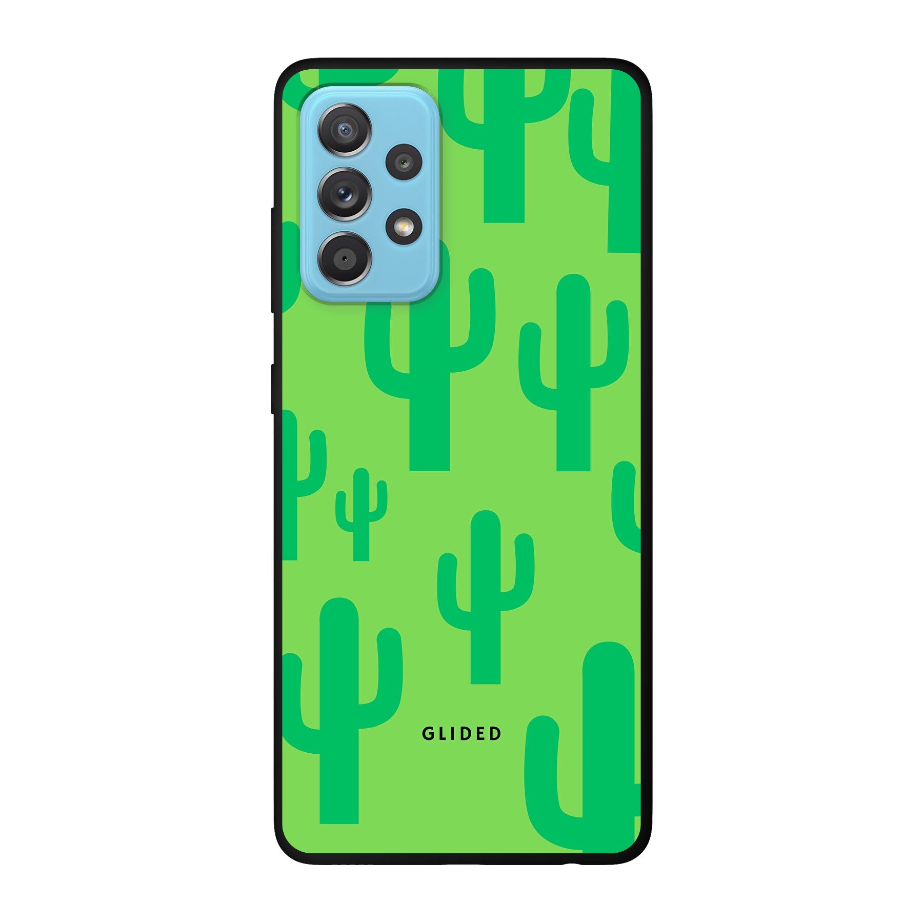 Cactus Spikes Handyhülle für Samsung Galaxy A52, A52 5G und A52s 5G mit lebendigem Kaktusdesign auf grünem Hintergrund.