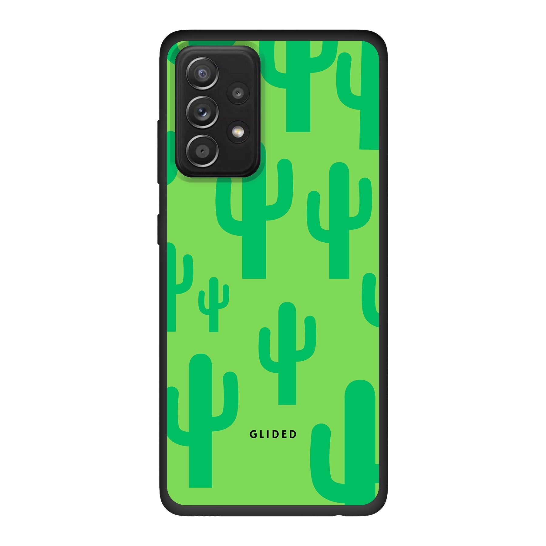Cactus Spikes Handyhülle für Samsung Galaxy A52, A52 5G und A52s 5G mit lebendigem Kaktusdesign auf grünem Hintergrund.