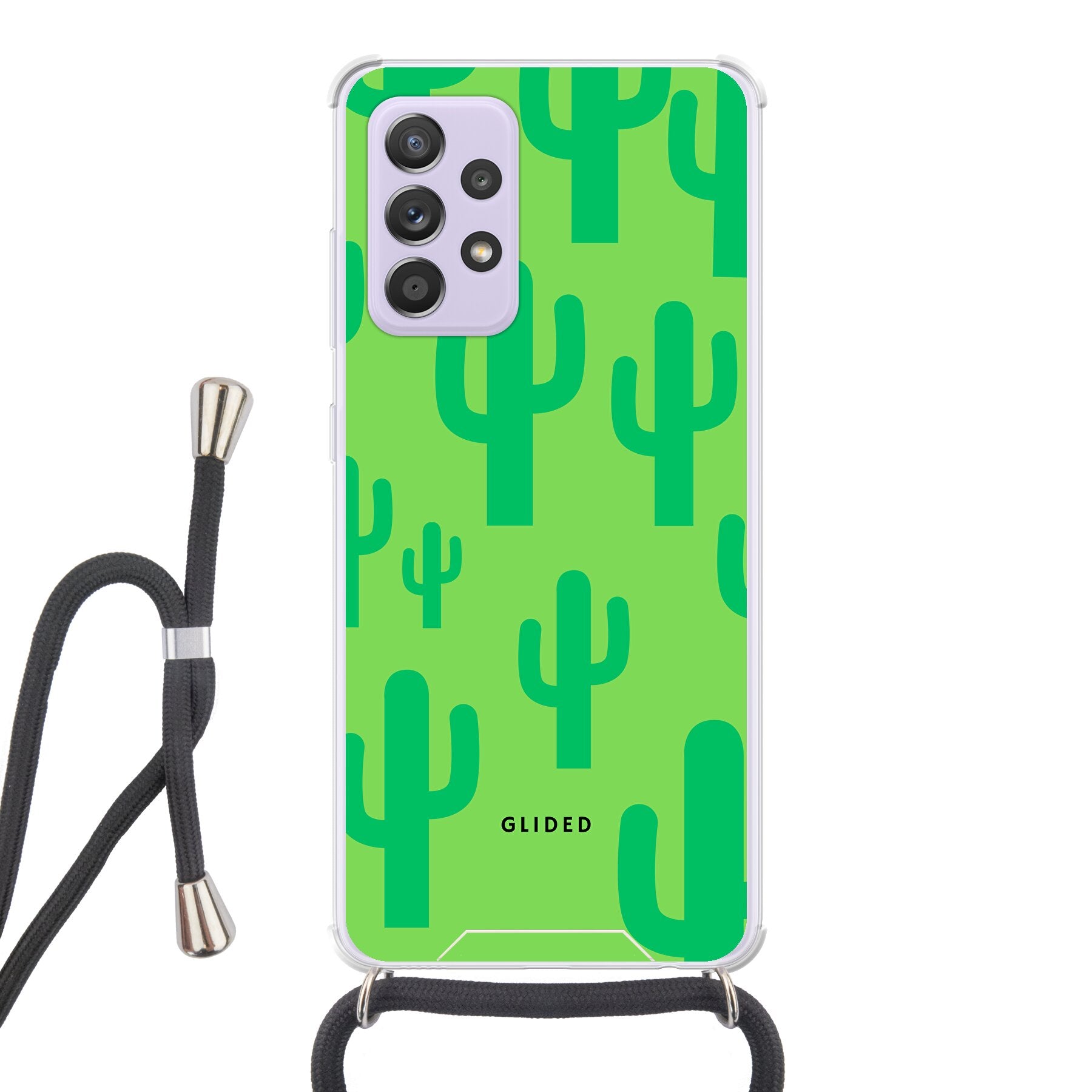 Cactus Spikes Handyhülle für Samsung Galaxy A52, A52 5G und A52s 5G mit lebendigem Kaktusdesign auf grünem Hintergrund.