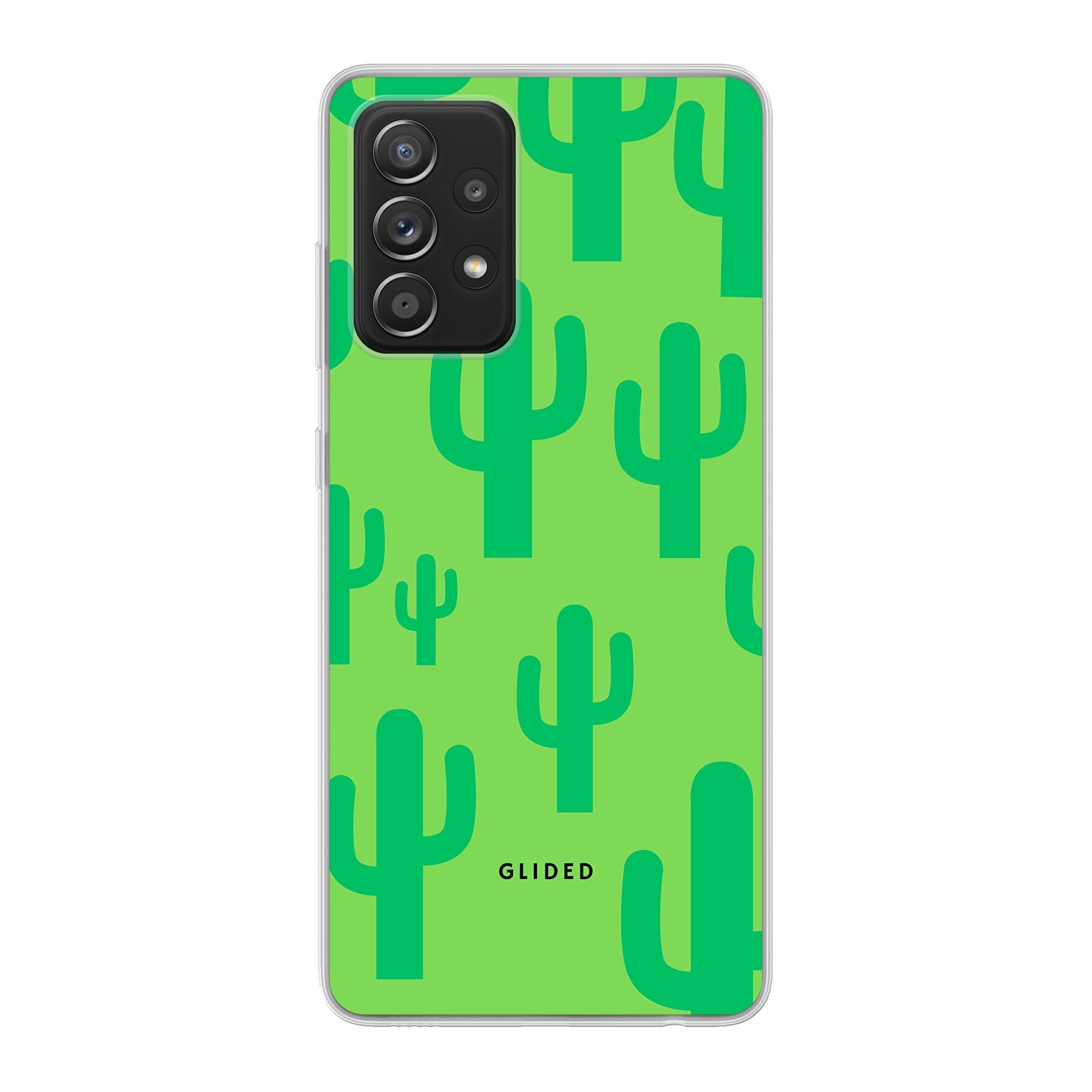 Cactus Spikes Handyhülle für Samsung Galaxy A52, A52 5G und A52s 5G mit lebendigem Kaktusdesign auf grünem Hintergrund.