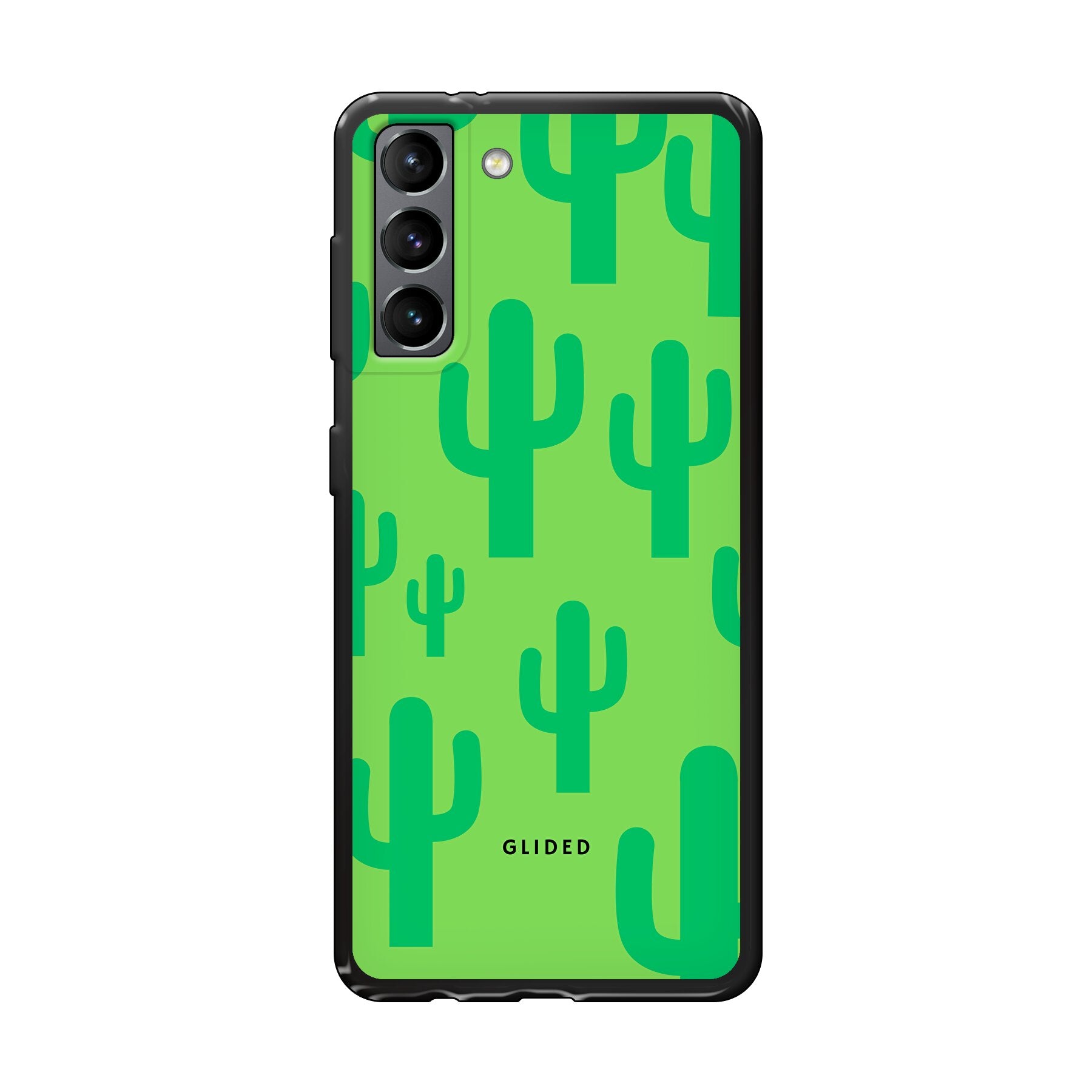 Cactus Spikes Handyhülle für Samsung Galaxy S21 5G mit lebendigem Kaktusdesign auf grünem Hintergrund.