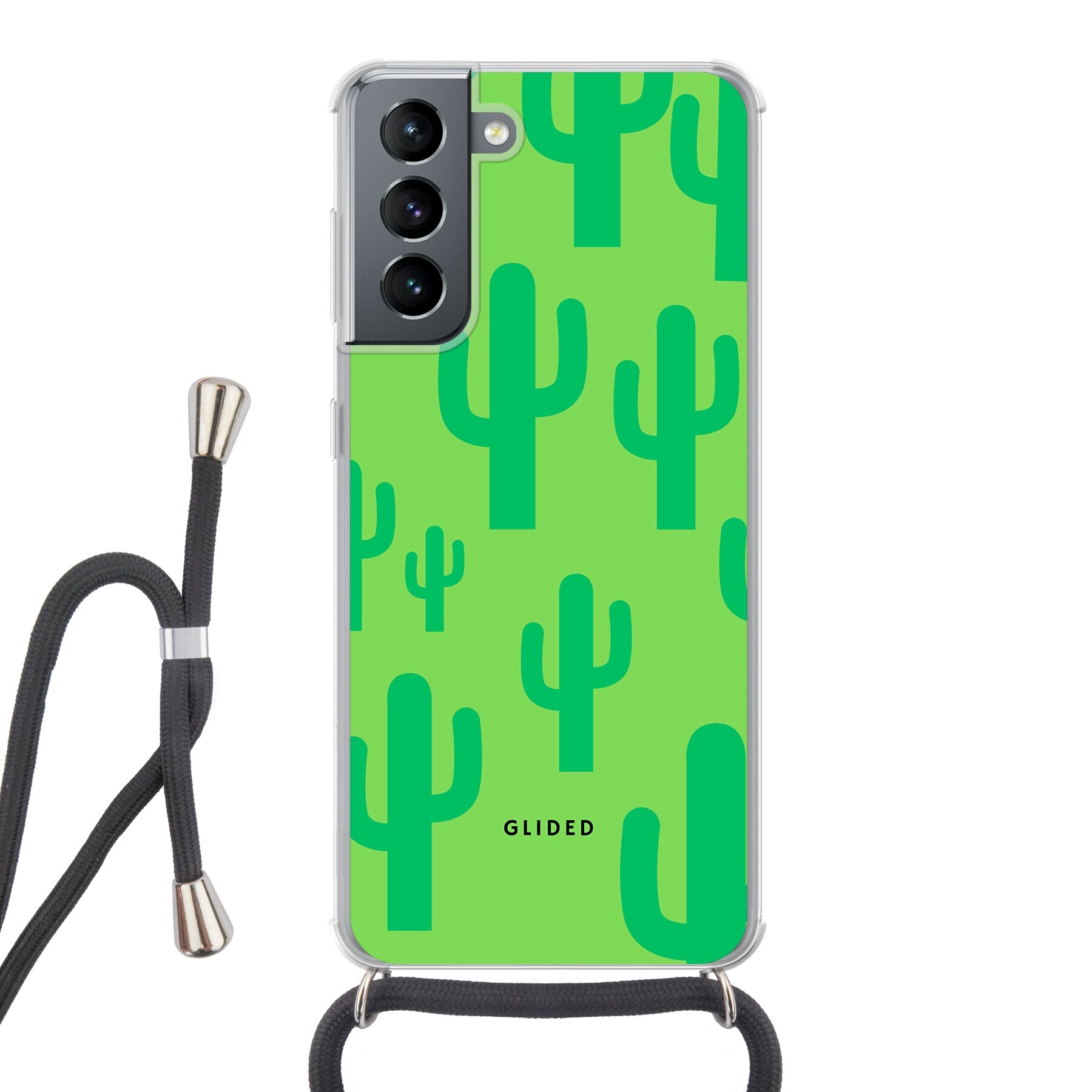 Cactus Spikes Handyhülle für Samsung Galaxy S21 5G mit lebendigem Kaktusdesign auf grünem Hintergrund.