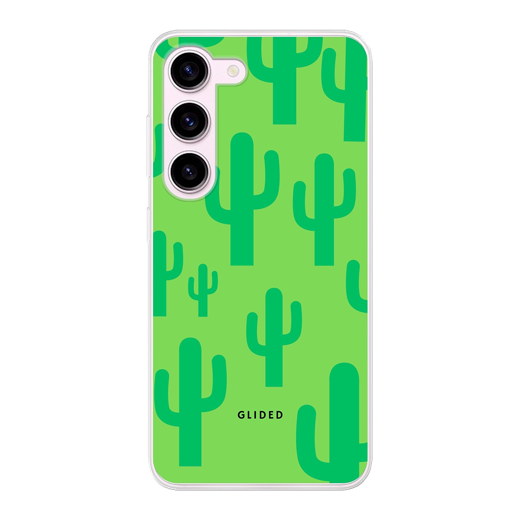 Cactus Spikes Handyhülle für Samsung Galaxy S23 mit lebendigen Kaktusdesign auf grünem Hintergrund, stilvoll und schützend.