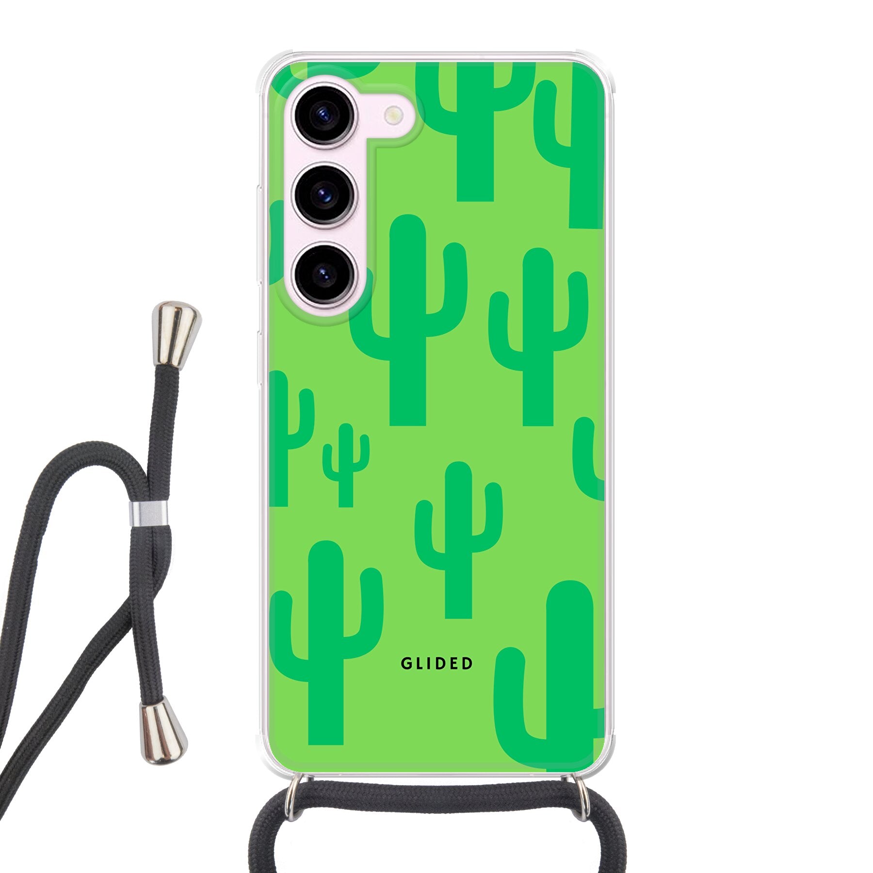 Cactus Spikes Handyhülle für Samsung Galaxy S23 mit lebendigen Kaktusdesign auf grünem Hintergrund, stilvoll und schützend.