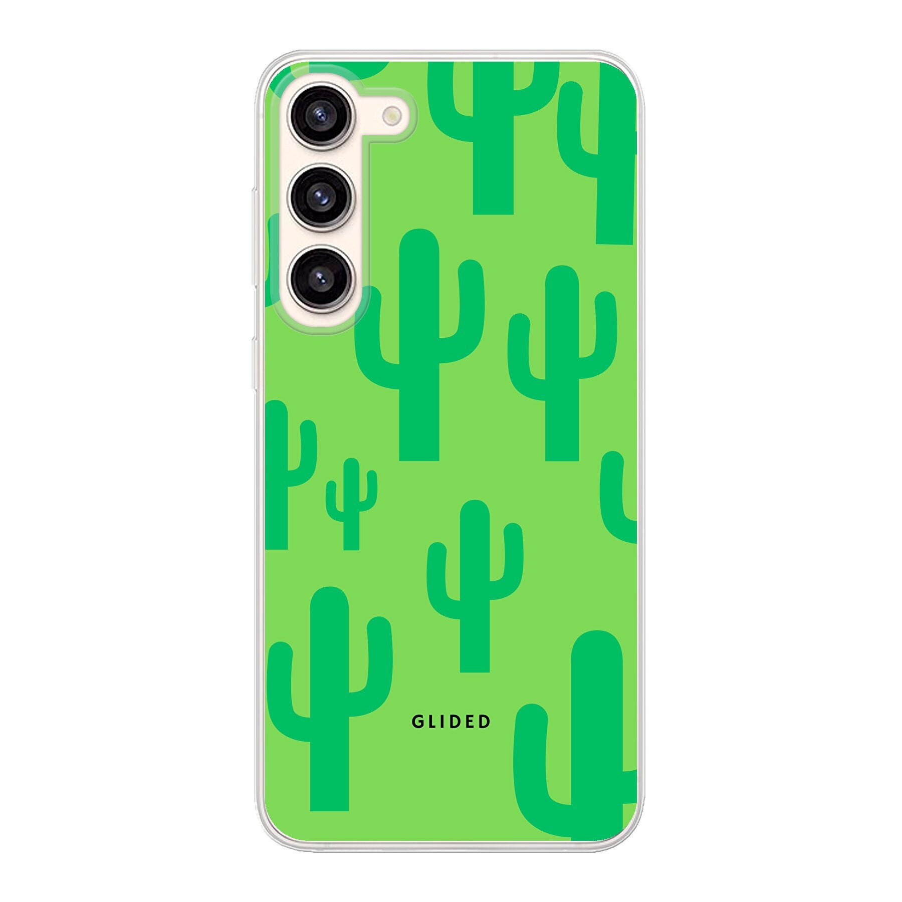 Cactus Spikes Handyhülle für Samsung Galaxy S23 Plus mit lebendigem Kaktusdesign auf grünem Hintergrund, stilvoll und schützend.