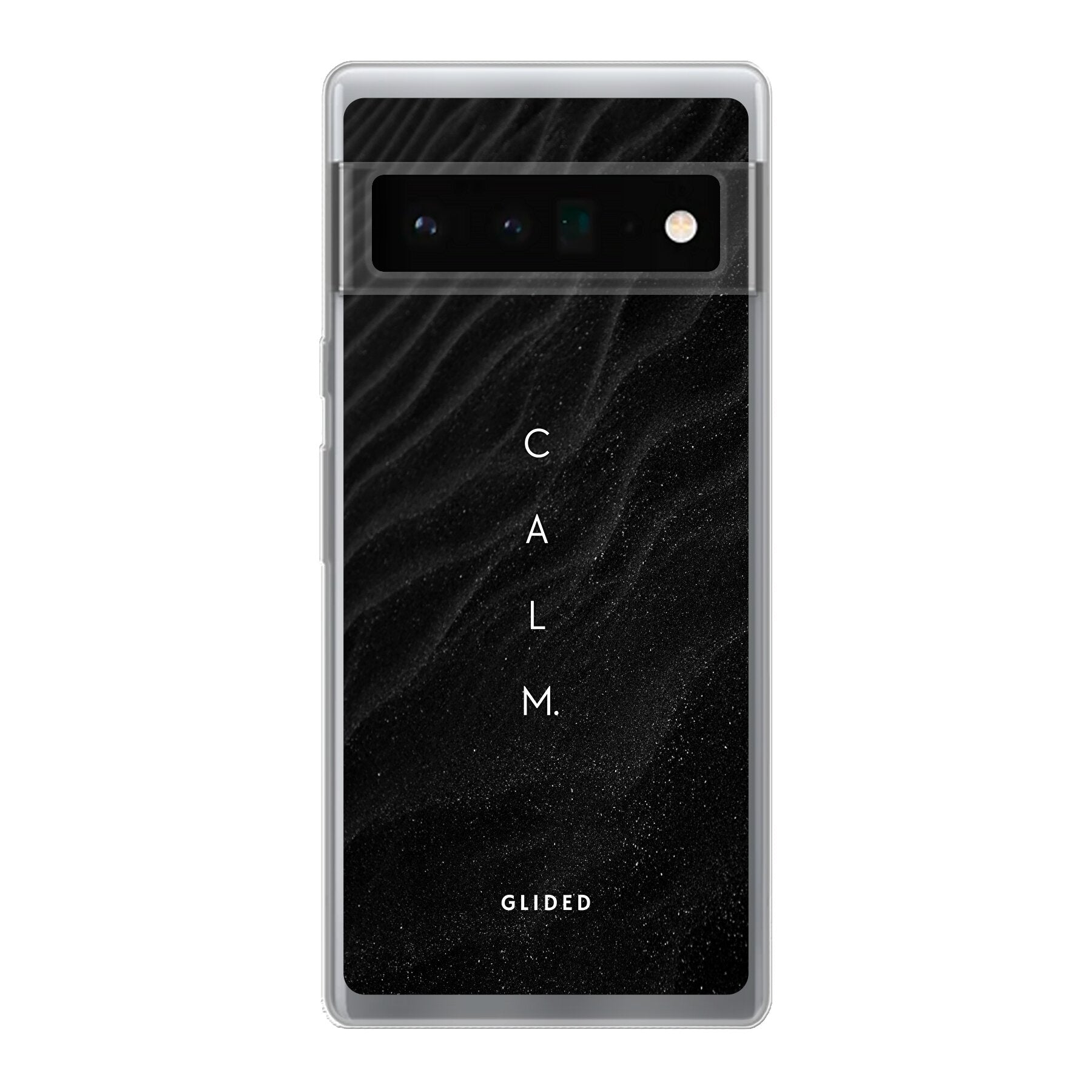 Minimalistische 'Calm' Handyhülle für Google Pixel 6 Pro mit ruhigem Schriftzug auf dunklem Hintergrund.